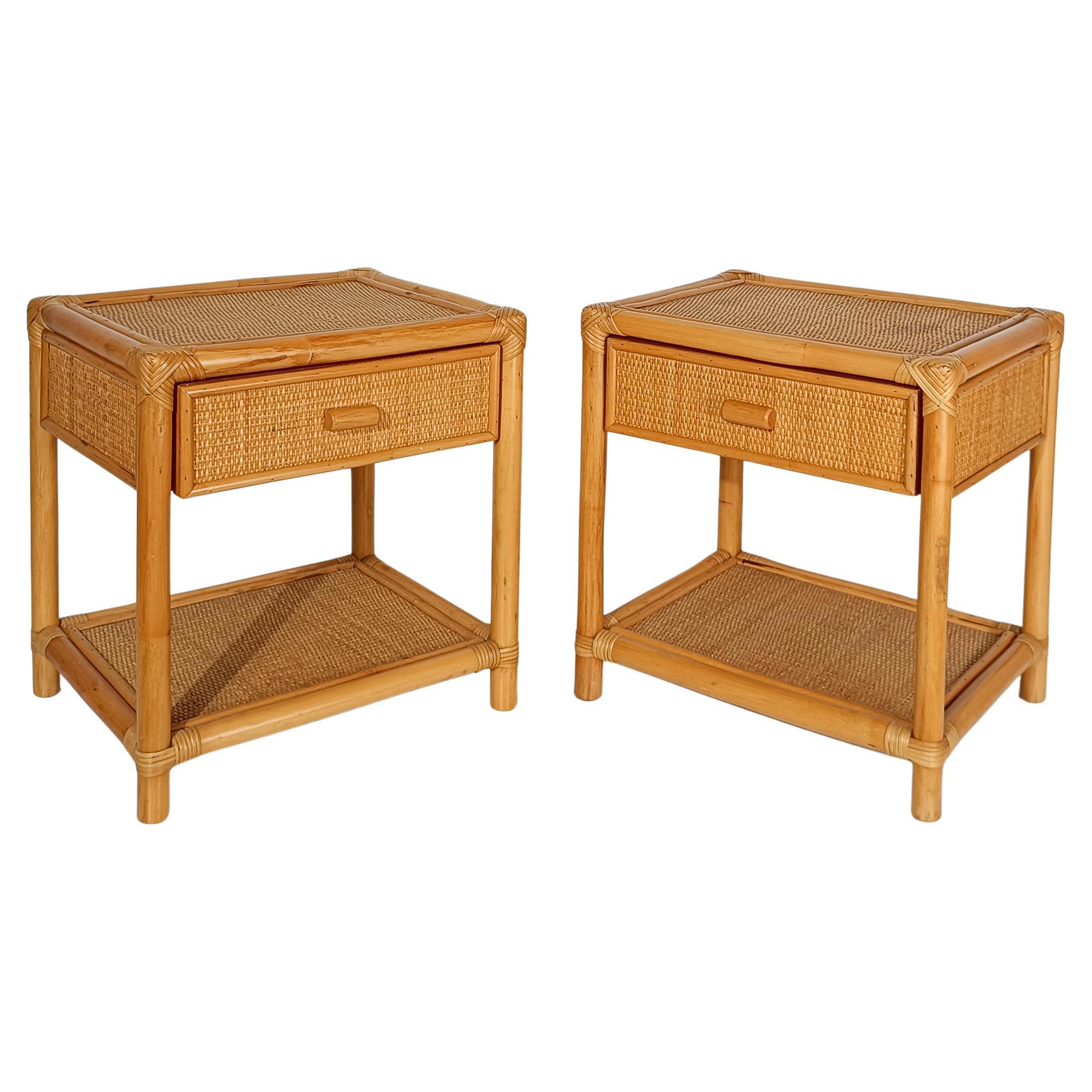 Pair of 70s Italian Nightstands made in Plywood Bamboo, Cane & Woven Rattan