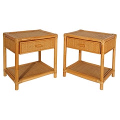 Vintage Pair of 70s Italian Nightstands made in Plywood Bamboo, Cane & Woven Rattan