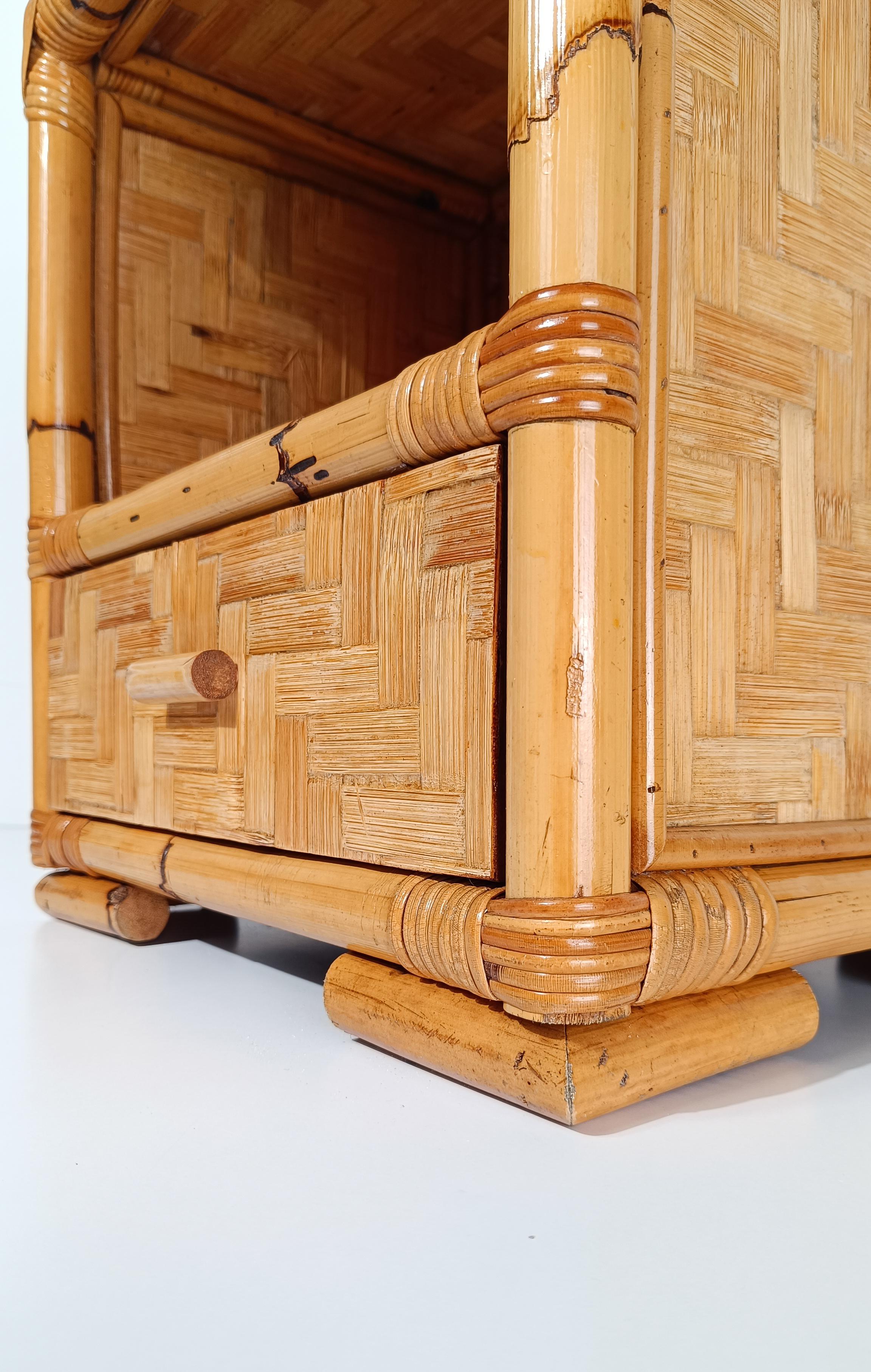 Pair of 70s Italian Riviera Nightstands made in Bamboo, Rattan & Fir Wood For Sale 2
