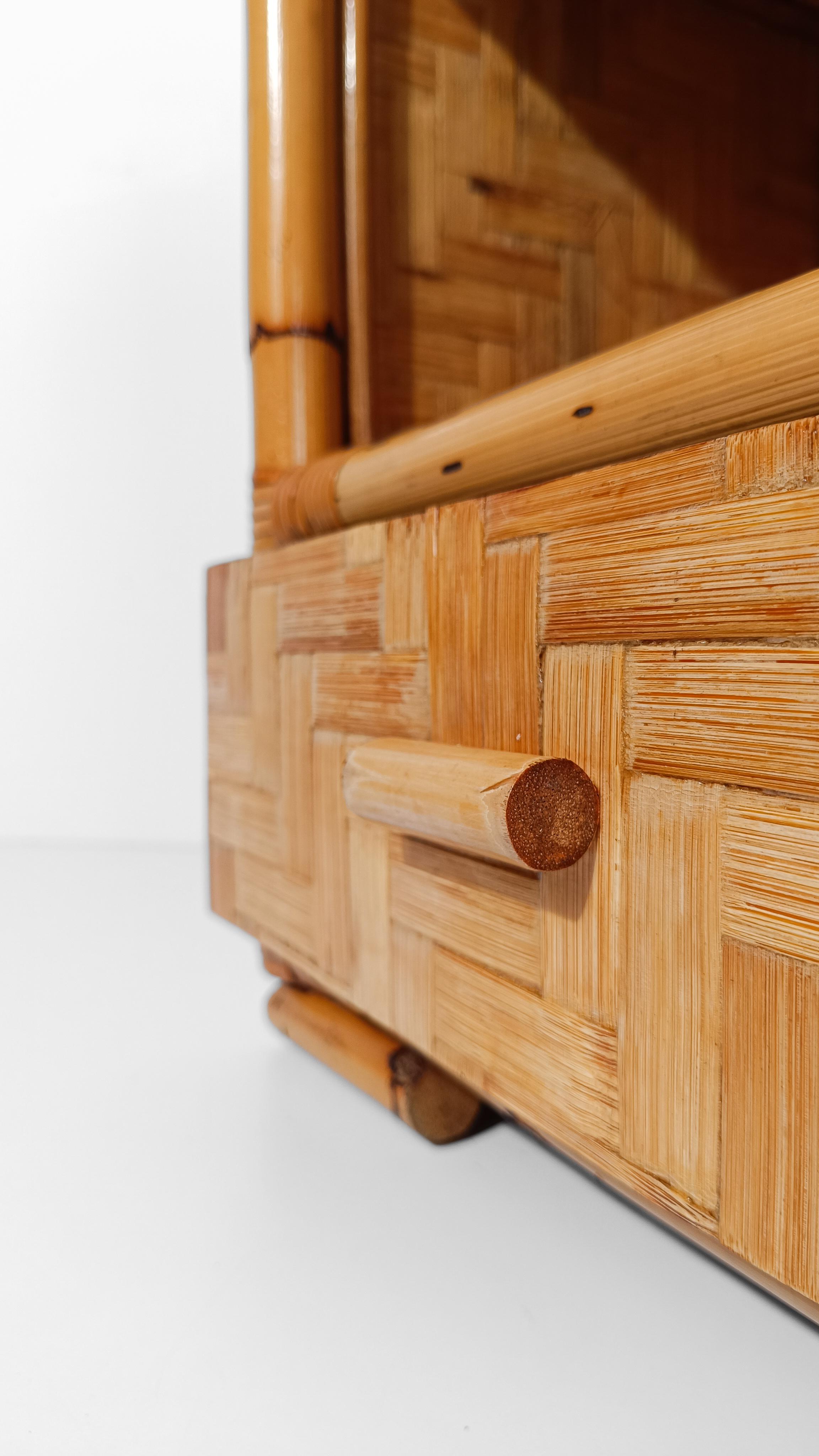 Pair of 70s Italian Riviera Nightstands made in Bamboo, Rattan & Fir Wood For Sale 3