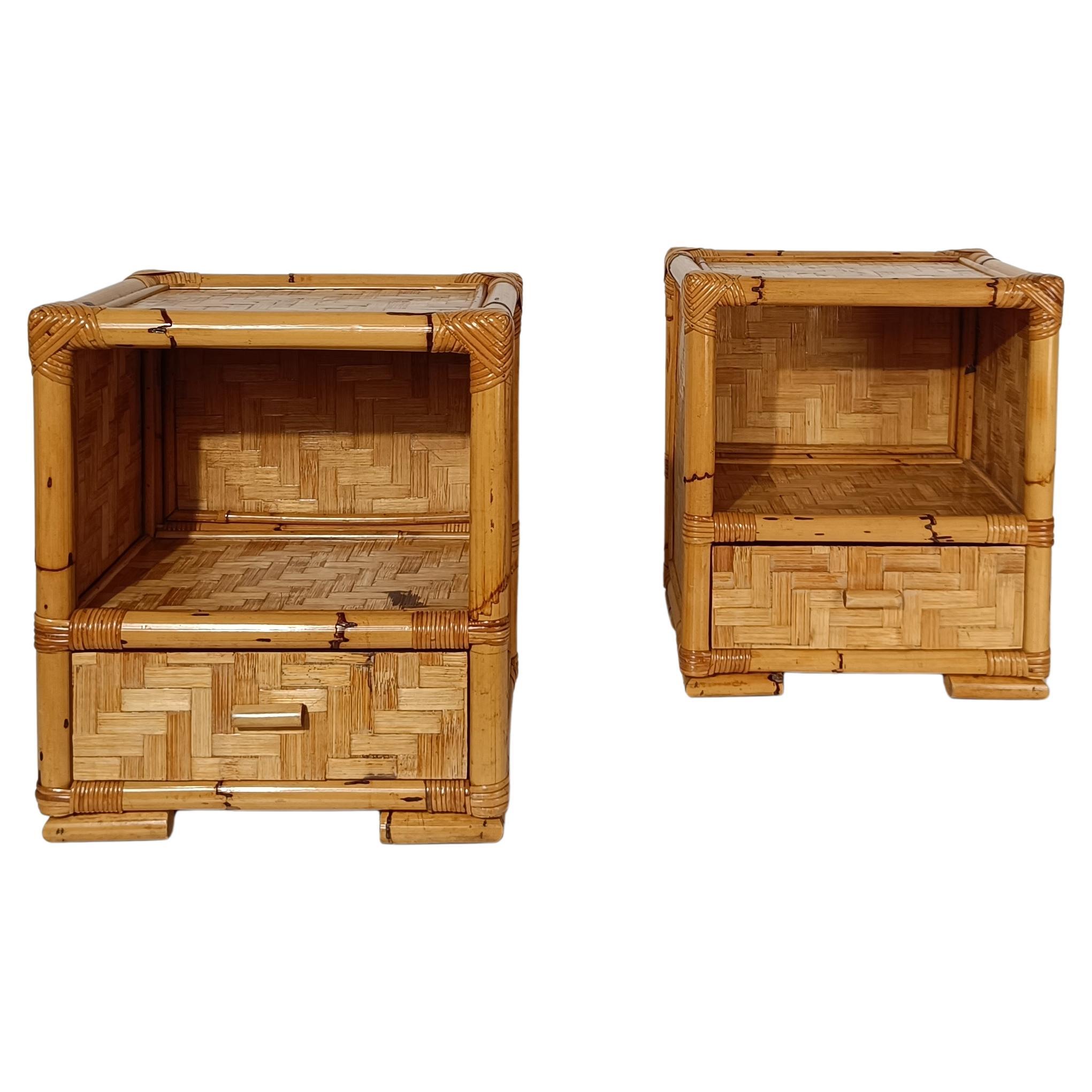 Pair of 70s Italian Riviera Nightstands made in Bamboo, Rattan & Fir Wood