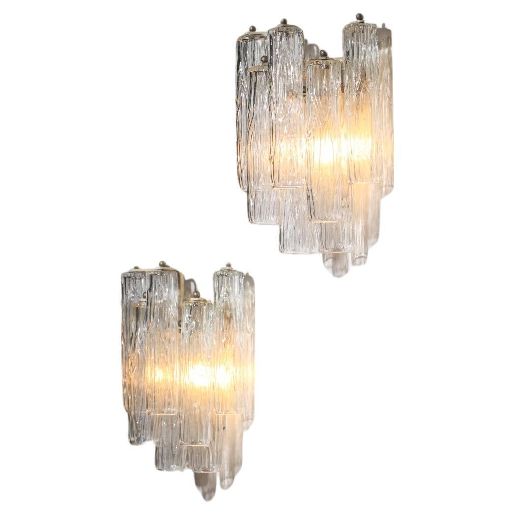 pair of 70s Italian wall lights in venini style transparent murano glass  For Sale