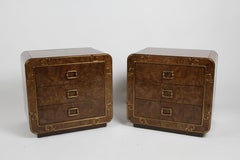 Pair of 70s Mastercraft 3 Drawer Burled Elm Brass Inlaid Greek Key Nightstands
