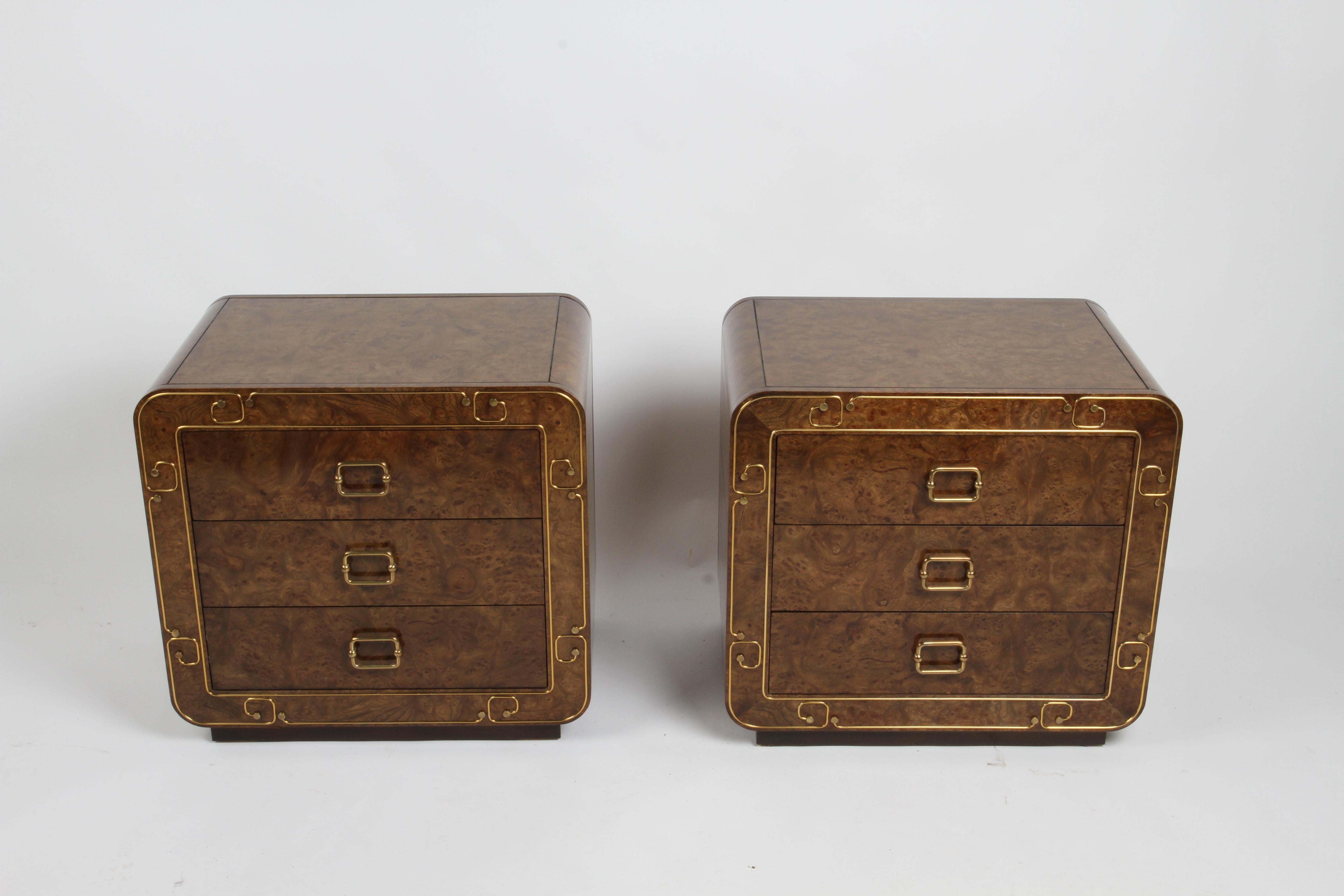 American Pair of 70s Mastercraft 3 Drawer Burled Elm Brass Inlaid Greek Key Nightstands For Sale