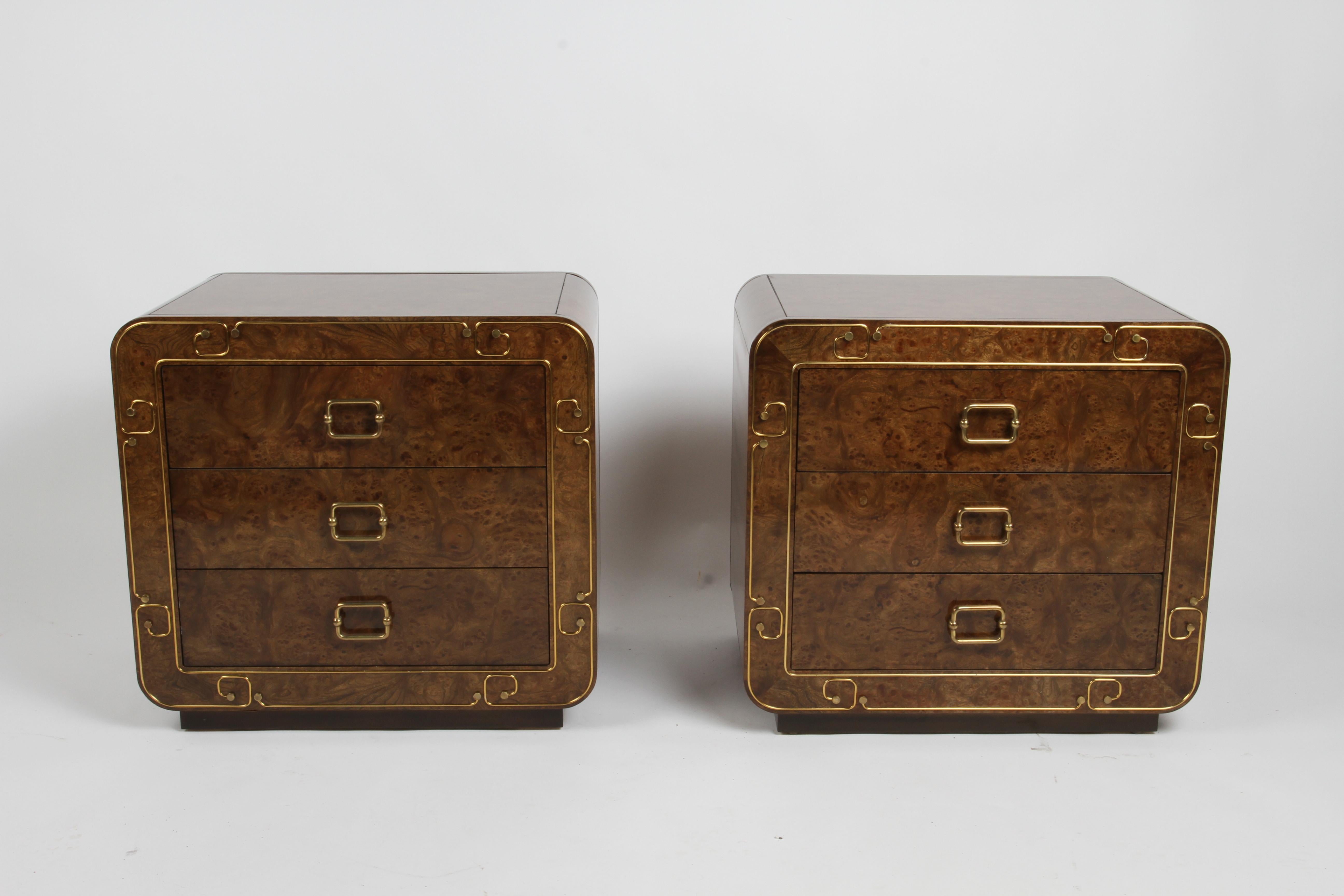 Stained Pair of 70s Mastercraft 3 Drawer Burled Elm Brass Inlaid Greek Key Nightstands For Sale