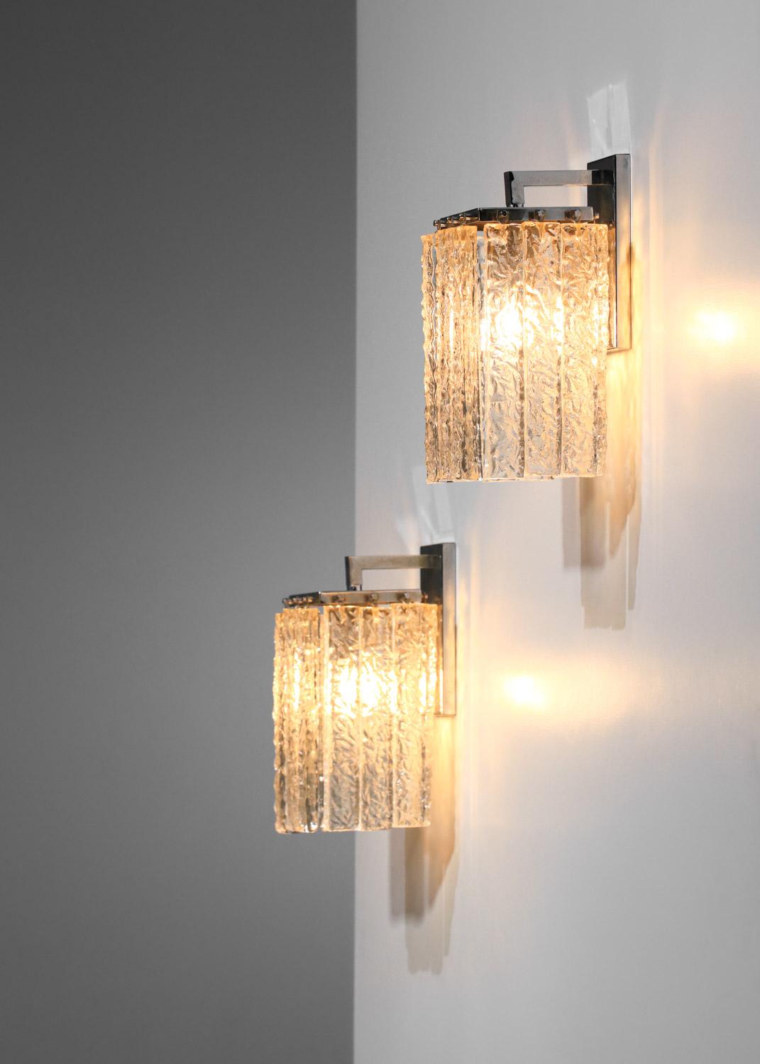 French Pair of 70's murano glass italian sconces chromed steel  For Sale