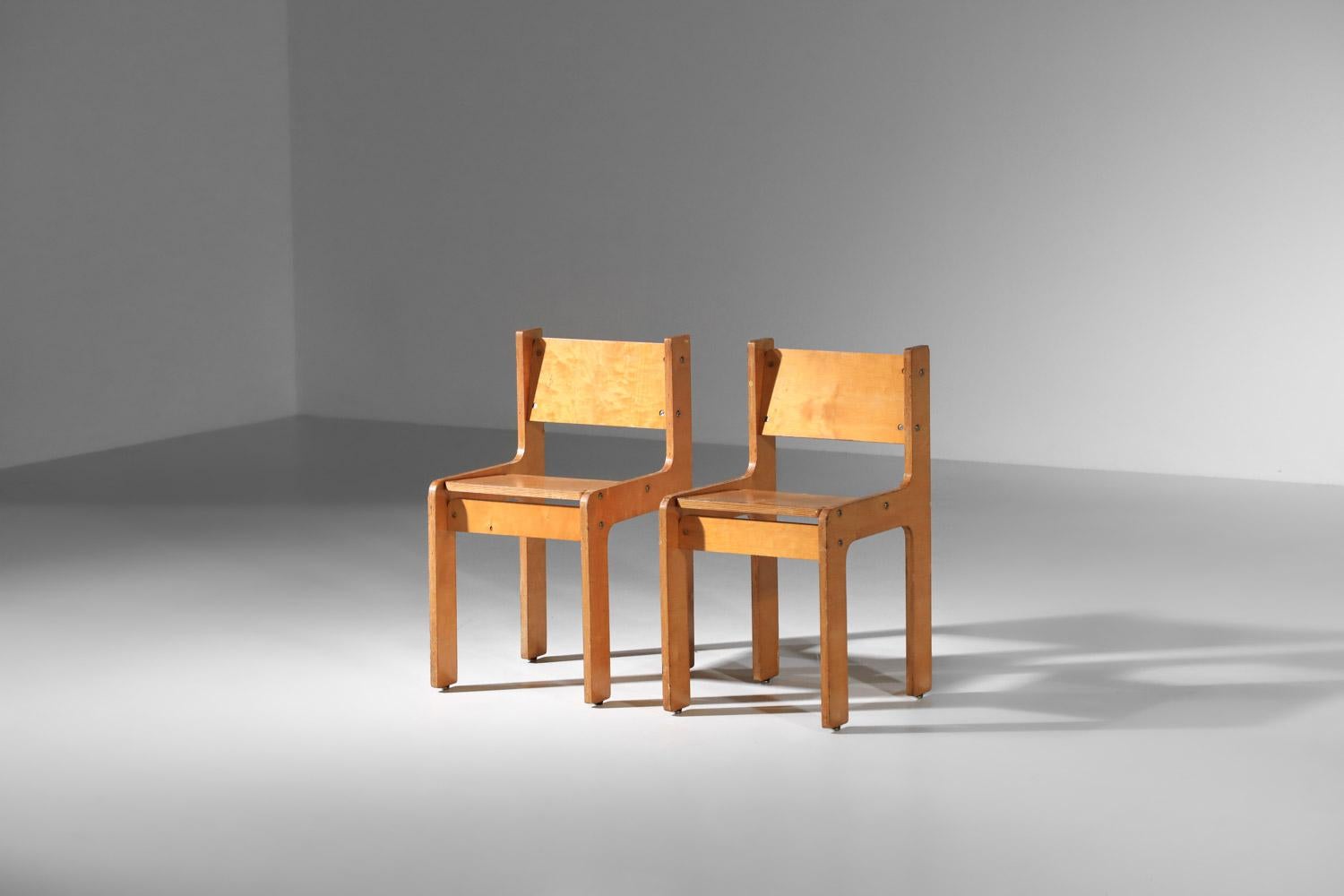Mid-Century Modern Pair of 70's plywood architectural chairs  For Sale