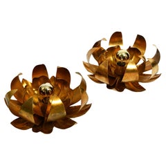 Vintage Pair of 70's Regency gilded floral wall or ceiling lamp with large leaves