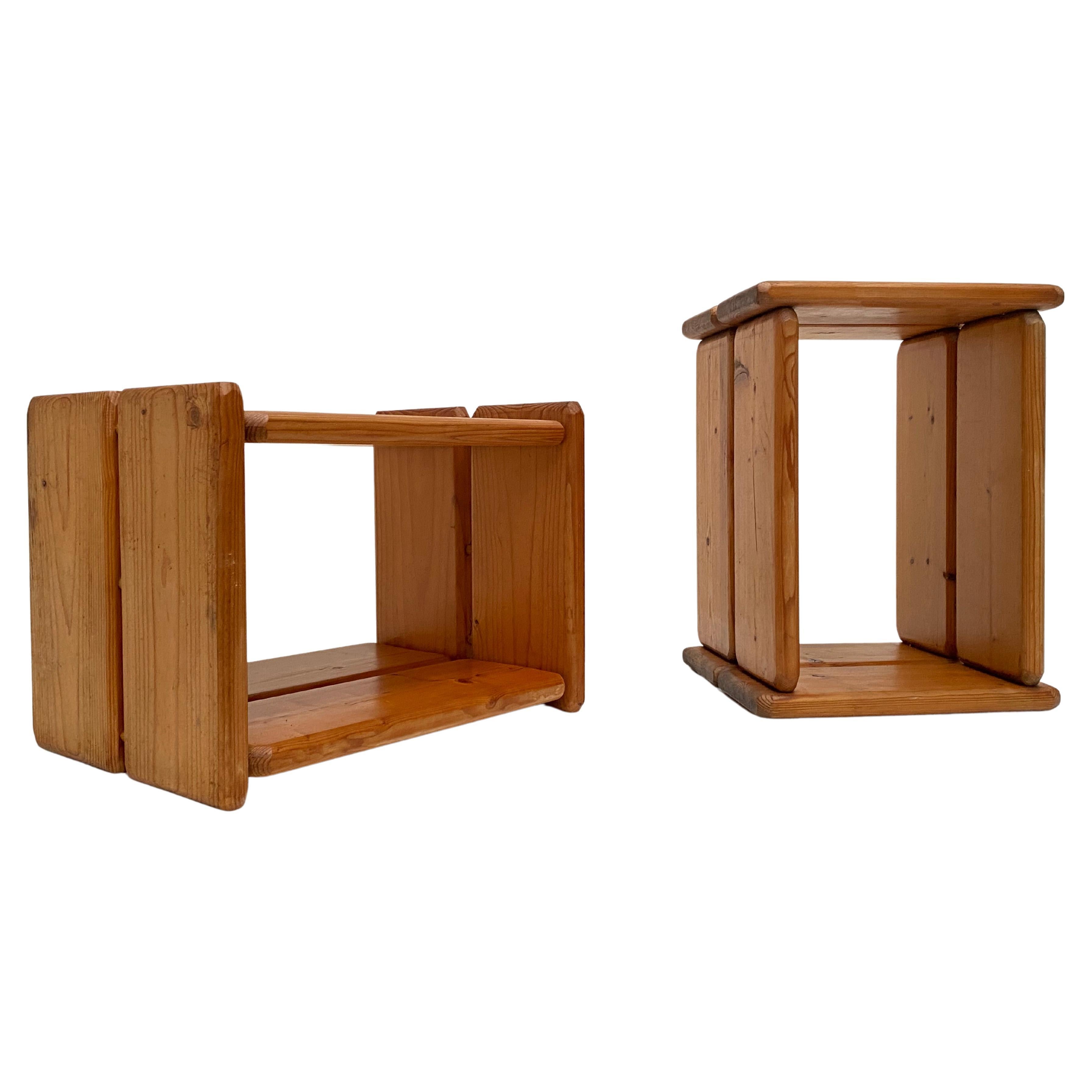 Pair of 70's Scandinavian Pinewood Minimal & Multi functional Stools / Tables 