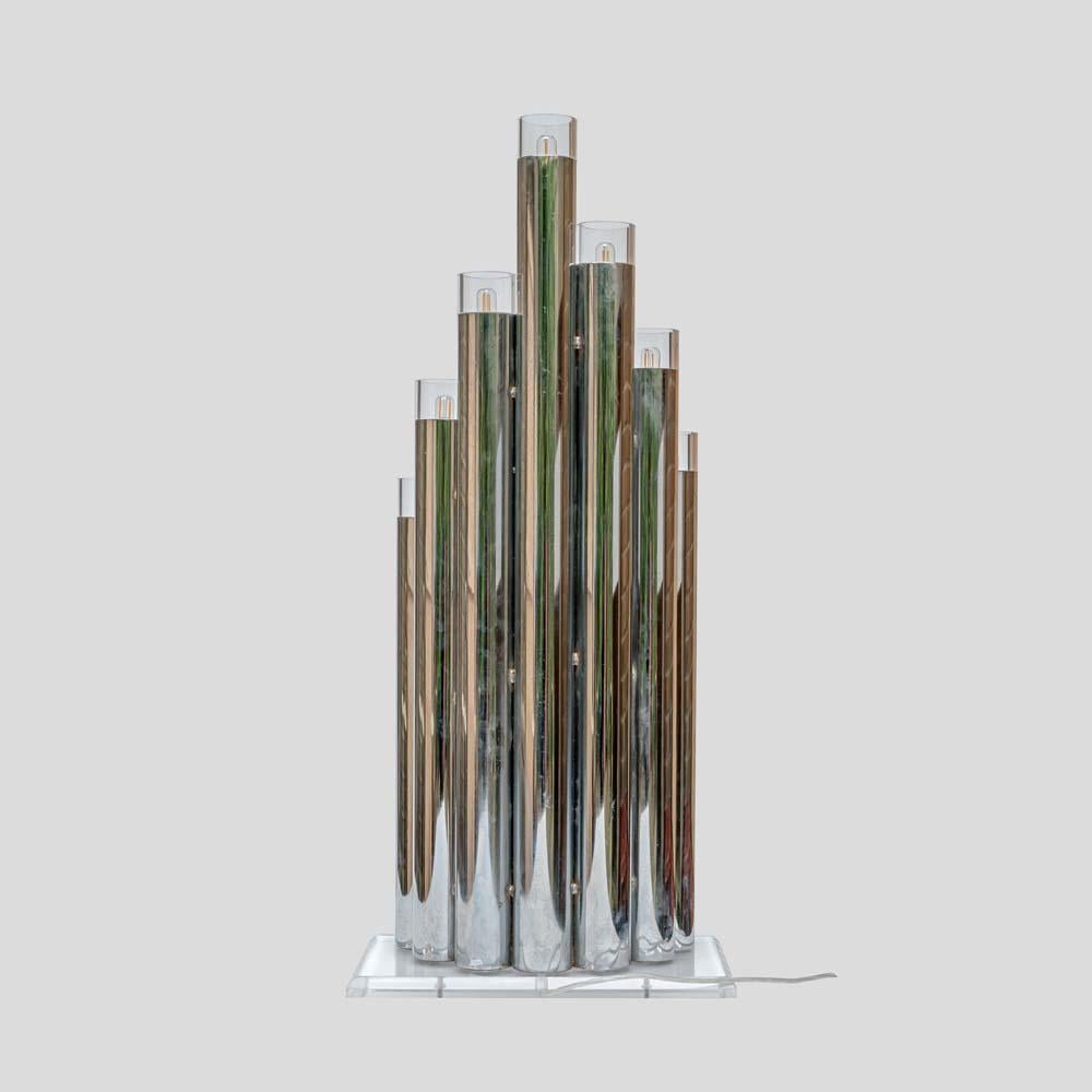 Pair of 70s sculptural table lamps chrome metal tubes design Gaetano Sciolari For Sale 3