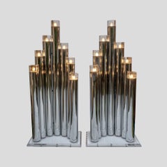 Paire de lampes de table sculpturales des années 70, tubes en métal chromé, design Gaetano Sciolari