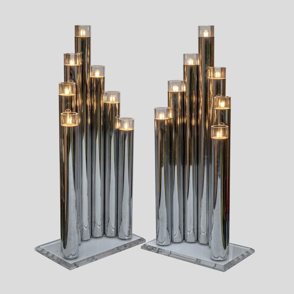 Mid-Century Modern Pair of 70s sculptural table lamps chrome metal tubes design Gaetano Sciolari For Sale
