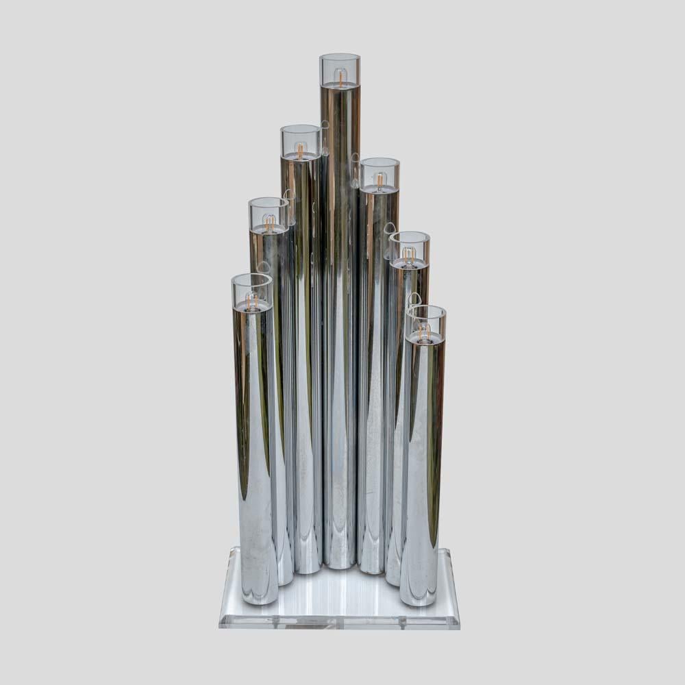 Pair of 70s sculptural table lamps chrome metal tubes design Gaetano Sciolari In Good Condition For Sale In London, GB