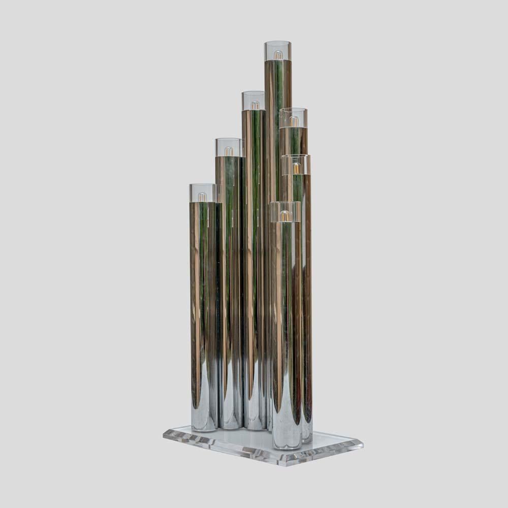Metal Pair of 70s sculptural table lamps chrome metal tubes design Gaetano Sciolari For Sale