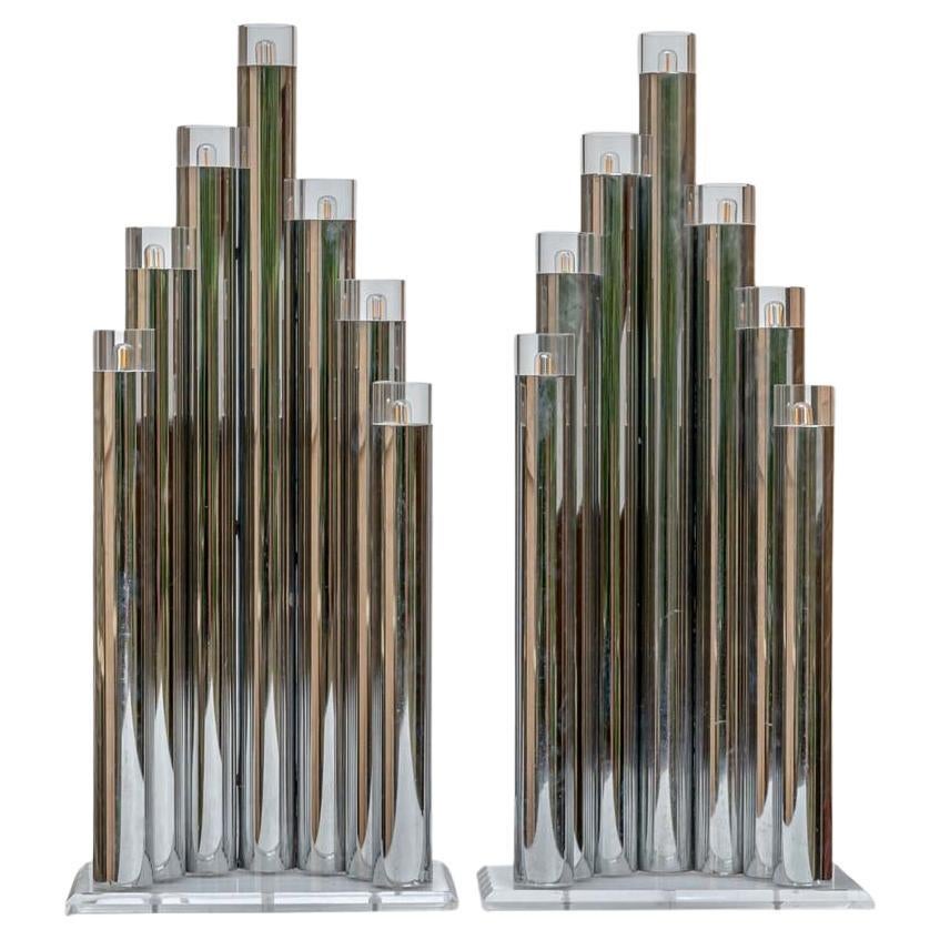 Pair of 70s sculptural table lamps chrome metal tubes design Gaetano Sciolari For Sale