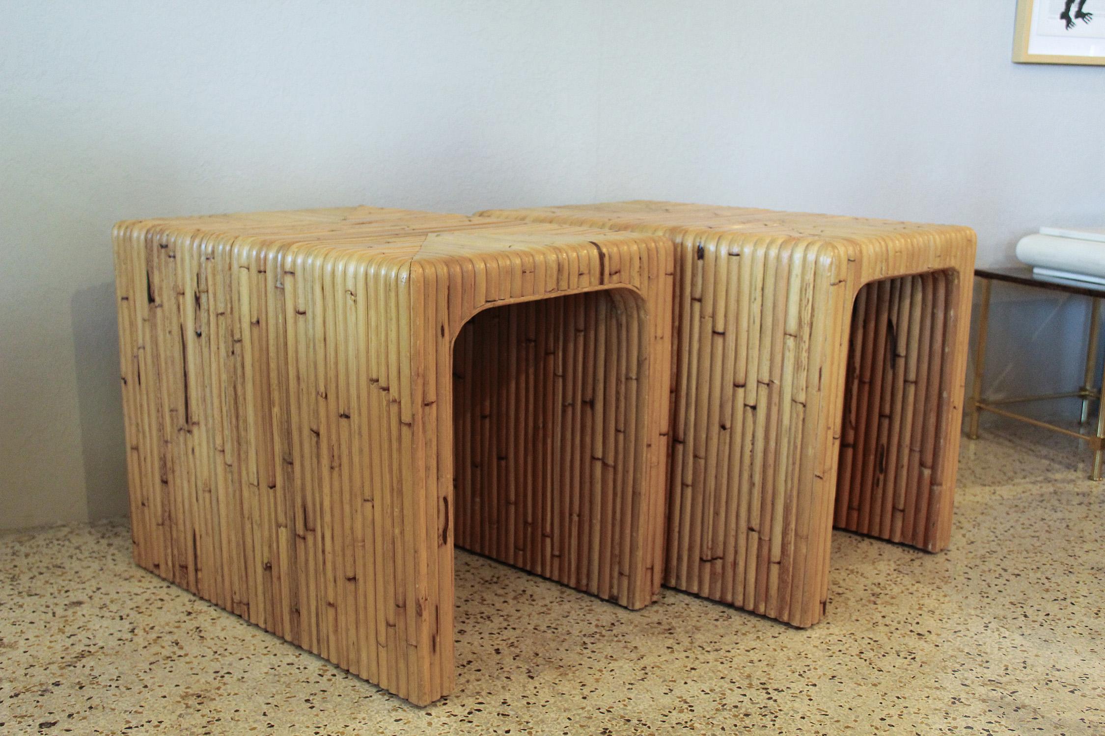 Lightly restored, pair of 1970s split bamboo end tables are the beach-perfect blend of modern and organic.