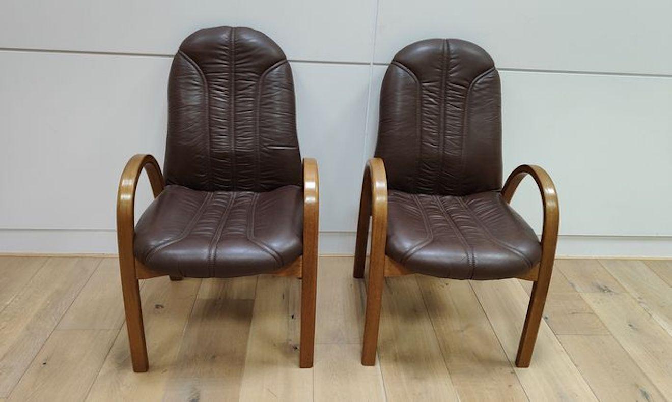 Mid-Century Modern Pair of 70s Style Bow Wood Armchairs For Sale