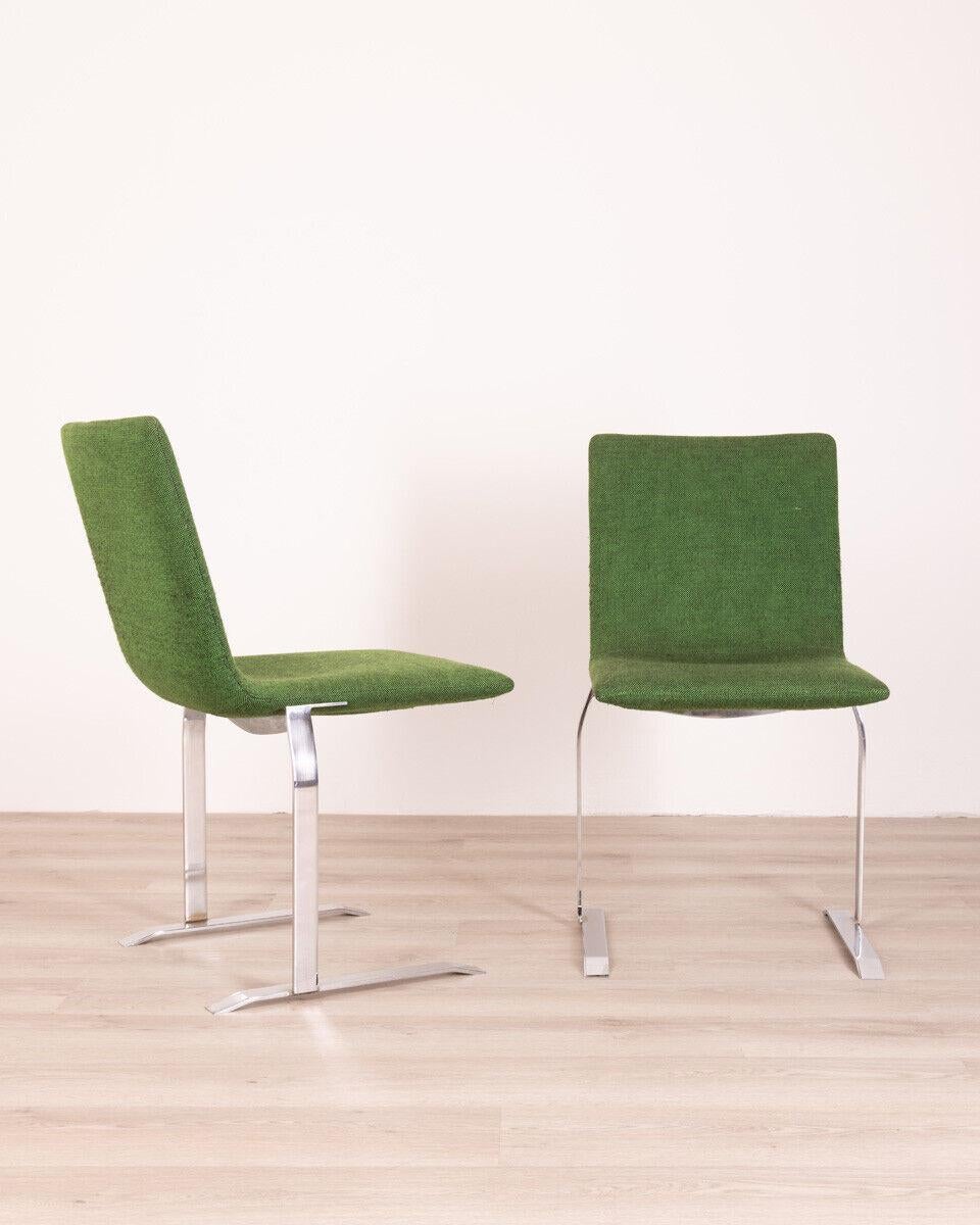 Pair of chairs with chromed steel frame and green fabric seat. Inaly model, design Giovanniofferedi for Saporiti, 1970s.

Conditions: In good condition, they may show signs of wear due to time.

Dimensions: Height 87 cm; Width 50 cm; Length 55