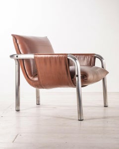 Pair of 70's Vintage Chrome Armchairs in Brown Design Leather