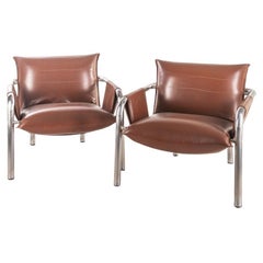 Pair of 70's Vintage Chrome Armchairs in Brown Design Leather