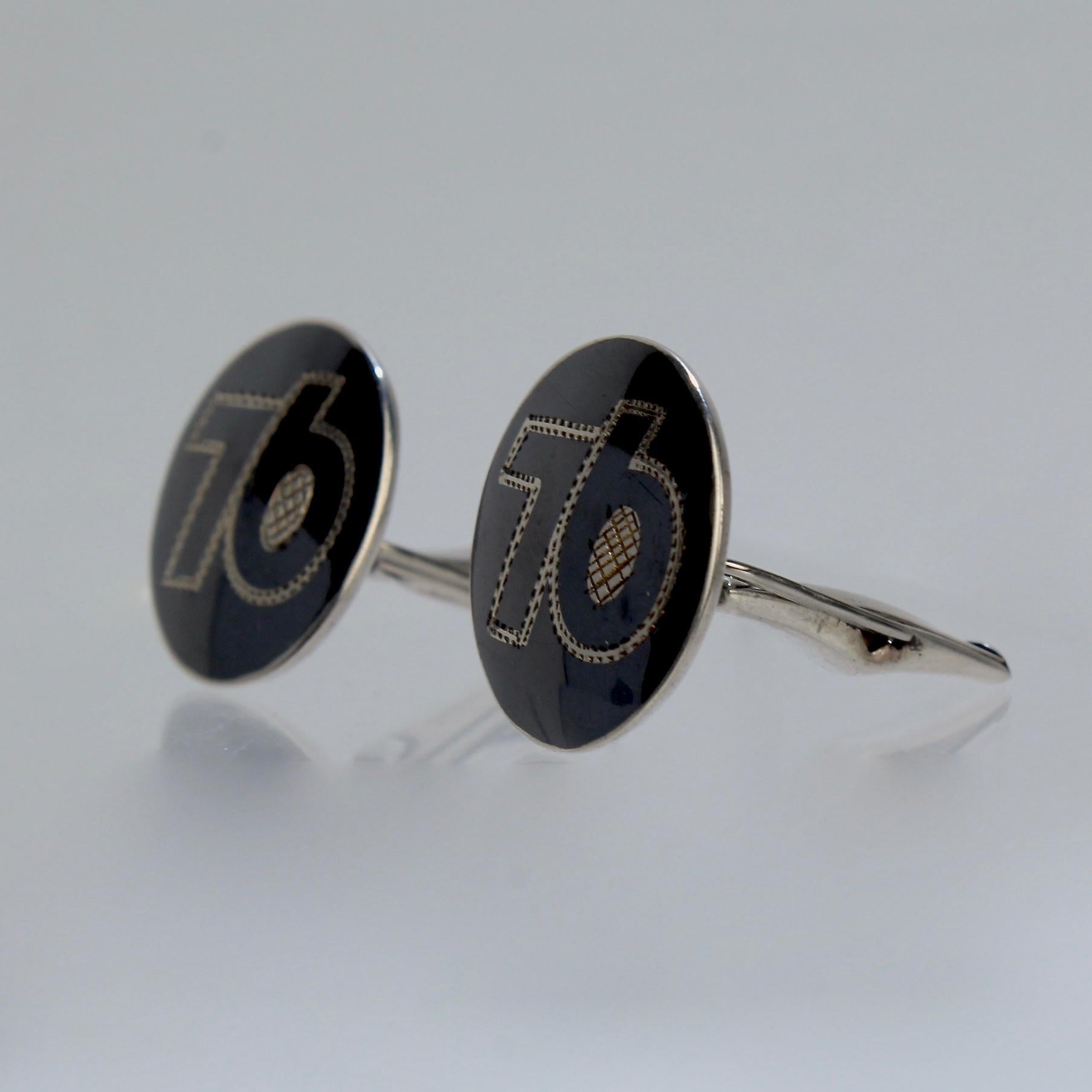 Men's Pair of '76' Niello Sterling Silver Cufflinks by Alex Co of Siam For Sale