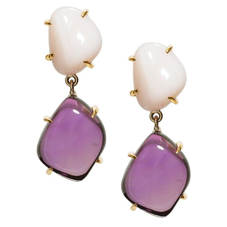 Pair of 77.90 Carat Amethyst Peruvian Pink Opal 18 Karat Yellow Gold Earrings For Sale
