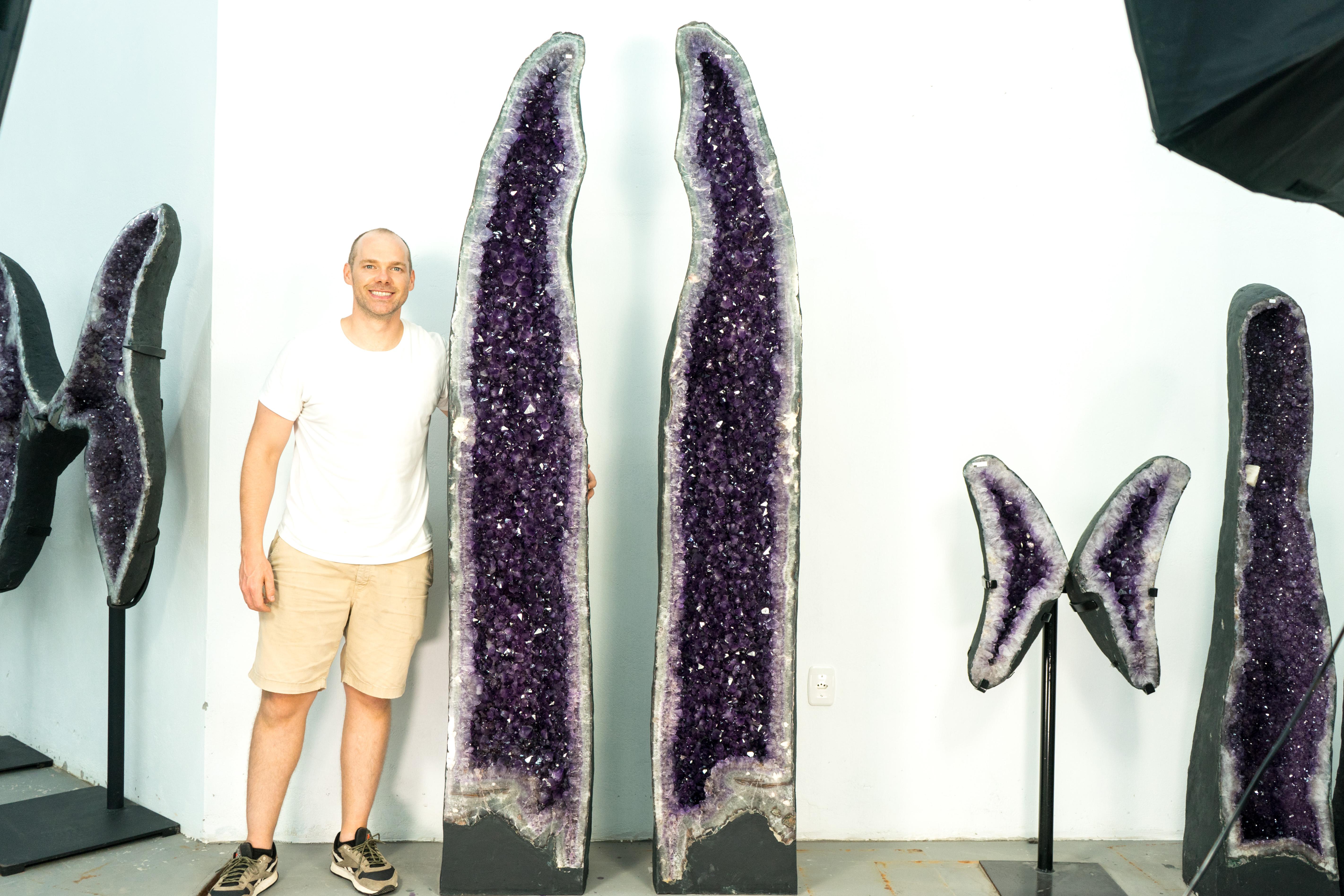 Pair of 8 Ft Tall Giant High-Grade Deep Purple Amethyst Cathedral Geodes For Sale 4