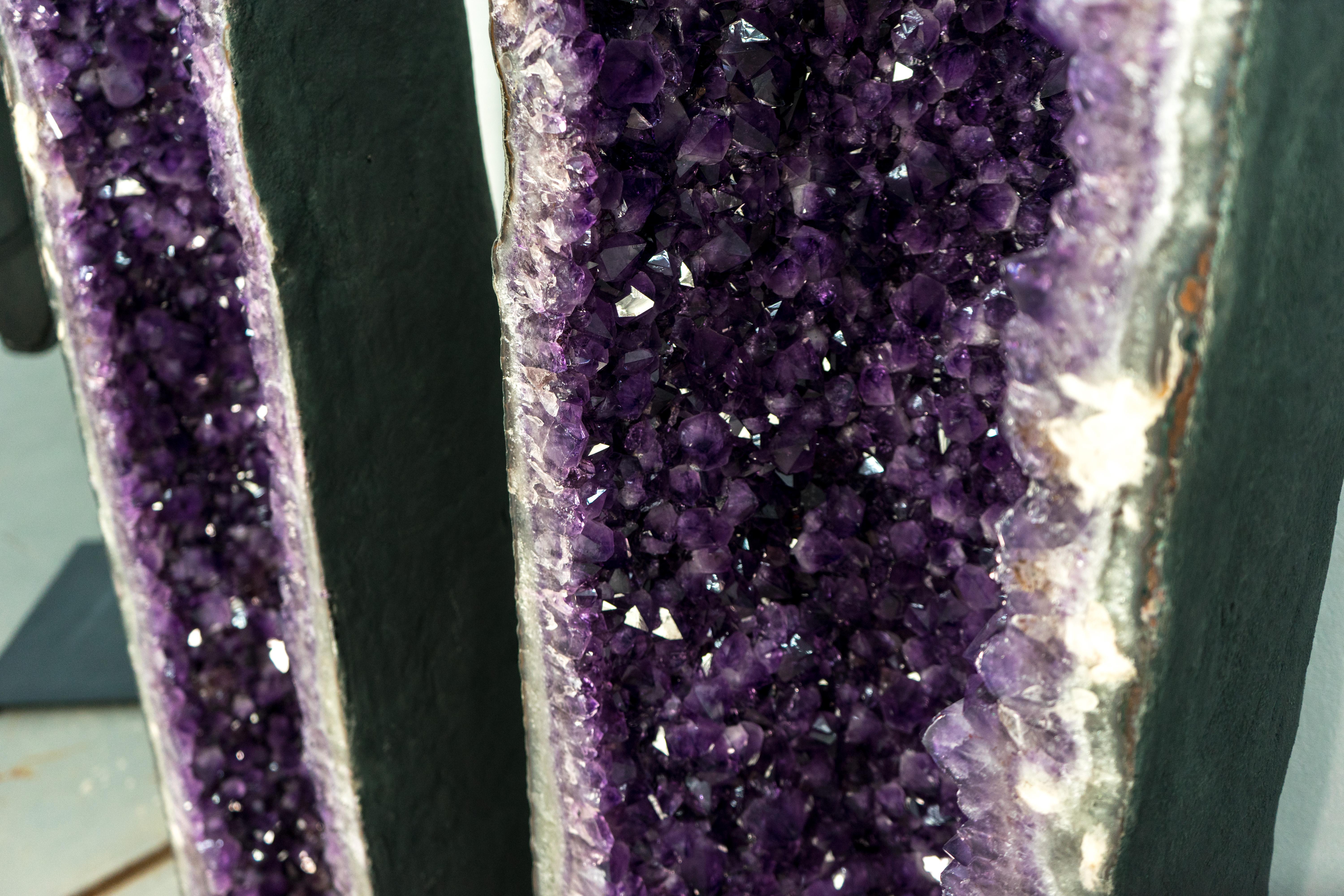 Brazilian Pair of 8 Ft Tall Giant High-Grade Deep Purple Amethyst Cathedral Geodes For Sale