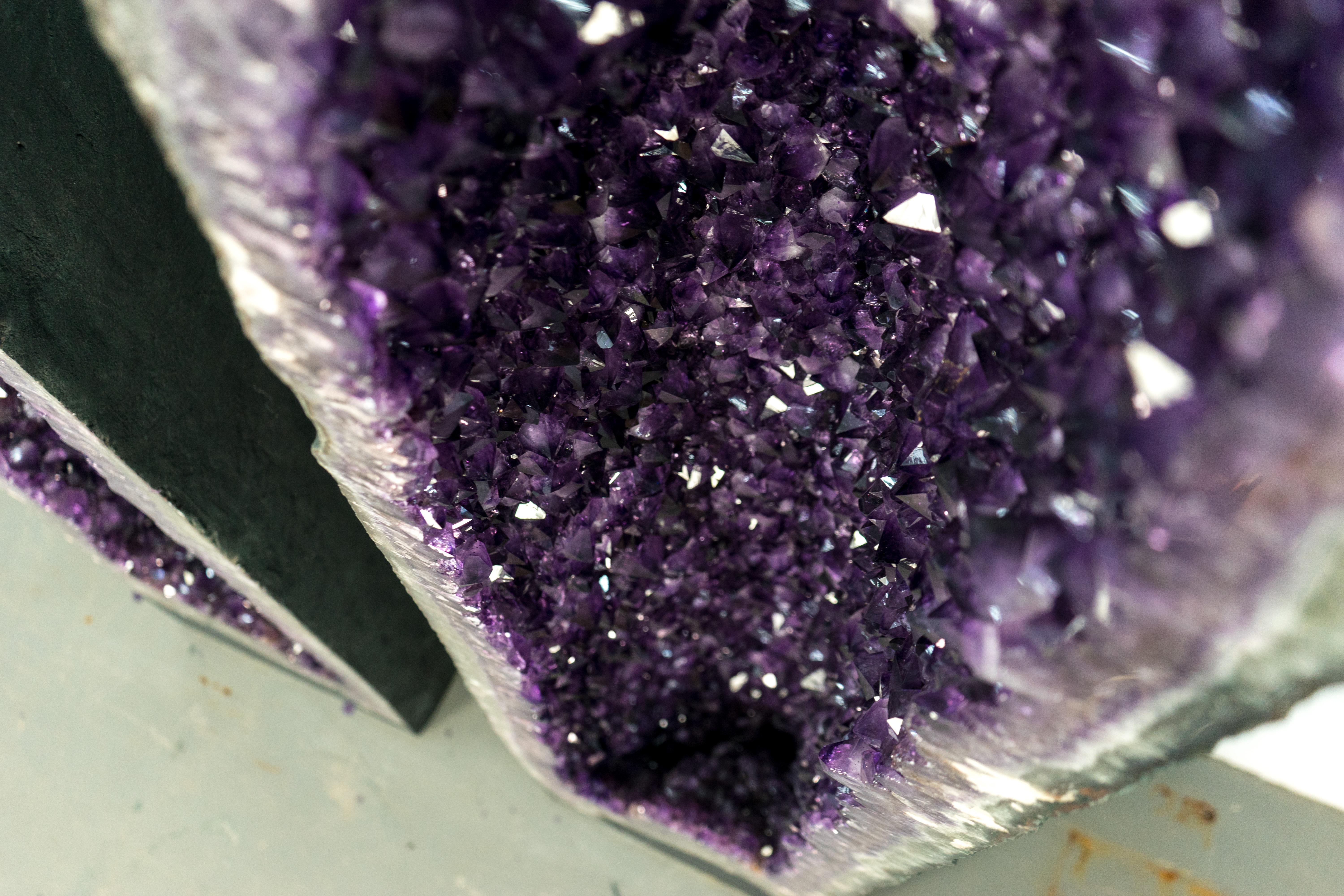 Contemporary Pair of 8 Ft Tall Giant High-Grade Deep Purple Amethyst Cathedral Geodes For Sale
