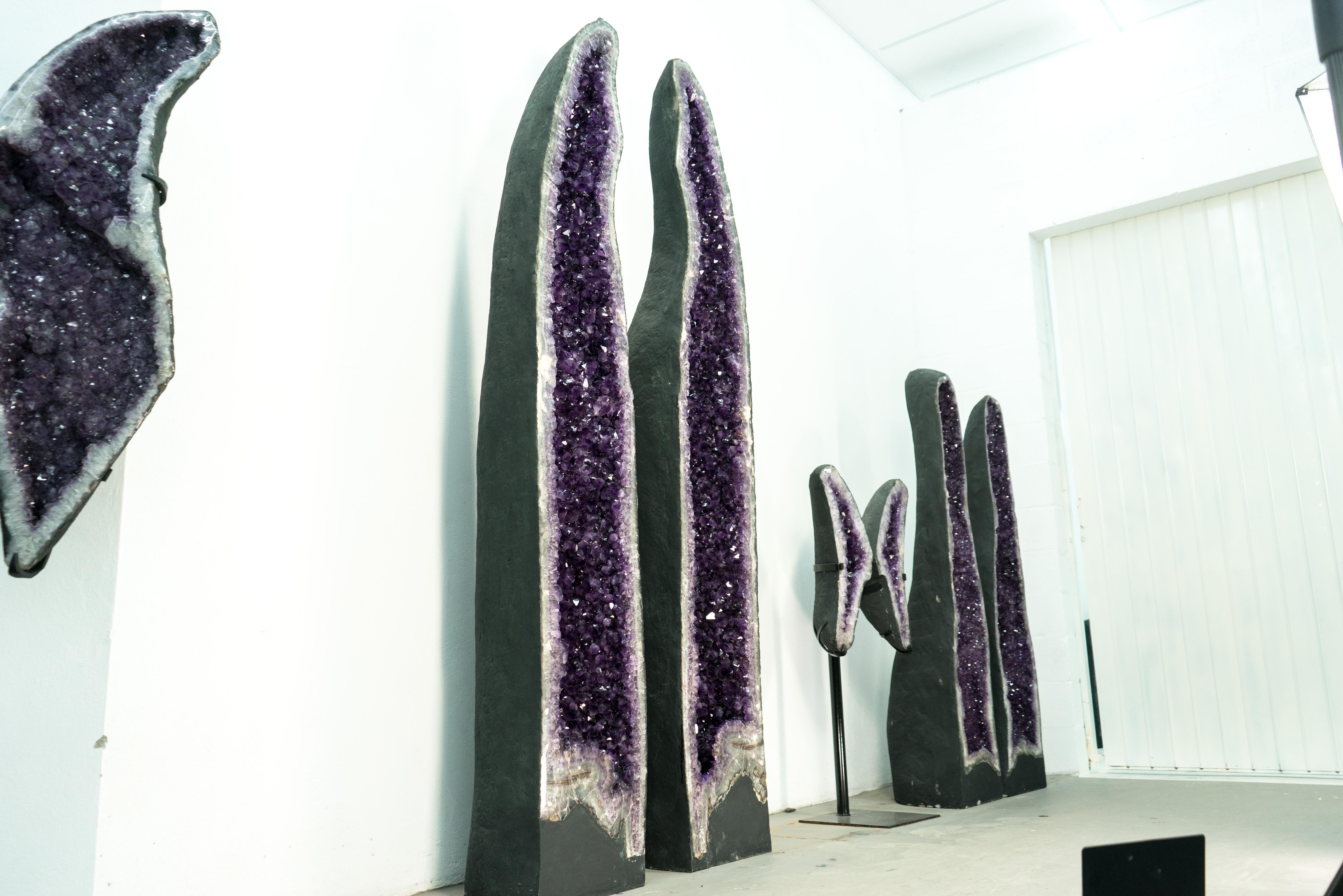 Pair of 8 Ft Tall Giant High-Grade Deep Purple Amethyst Cathedral Geodes For Sale 1