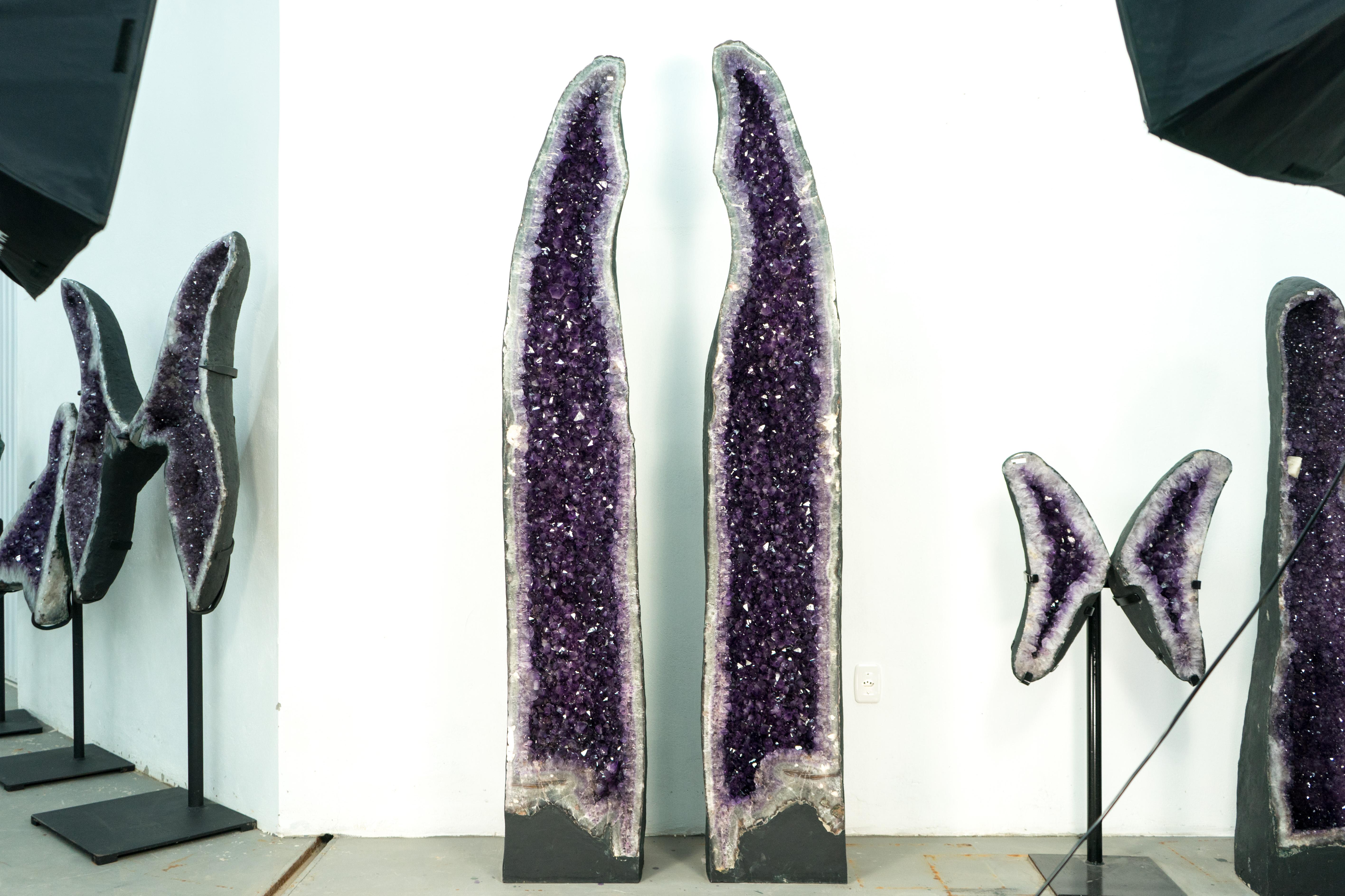 Pair of 8 Ft Tall Giant High-Grade Deep Purple Amethyst Cathedral Geodes For Sale 3