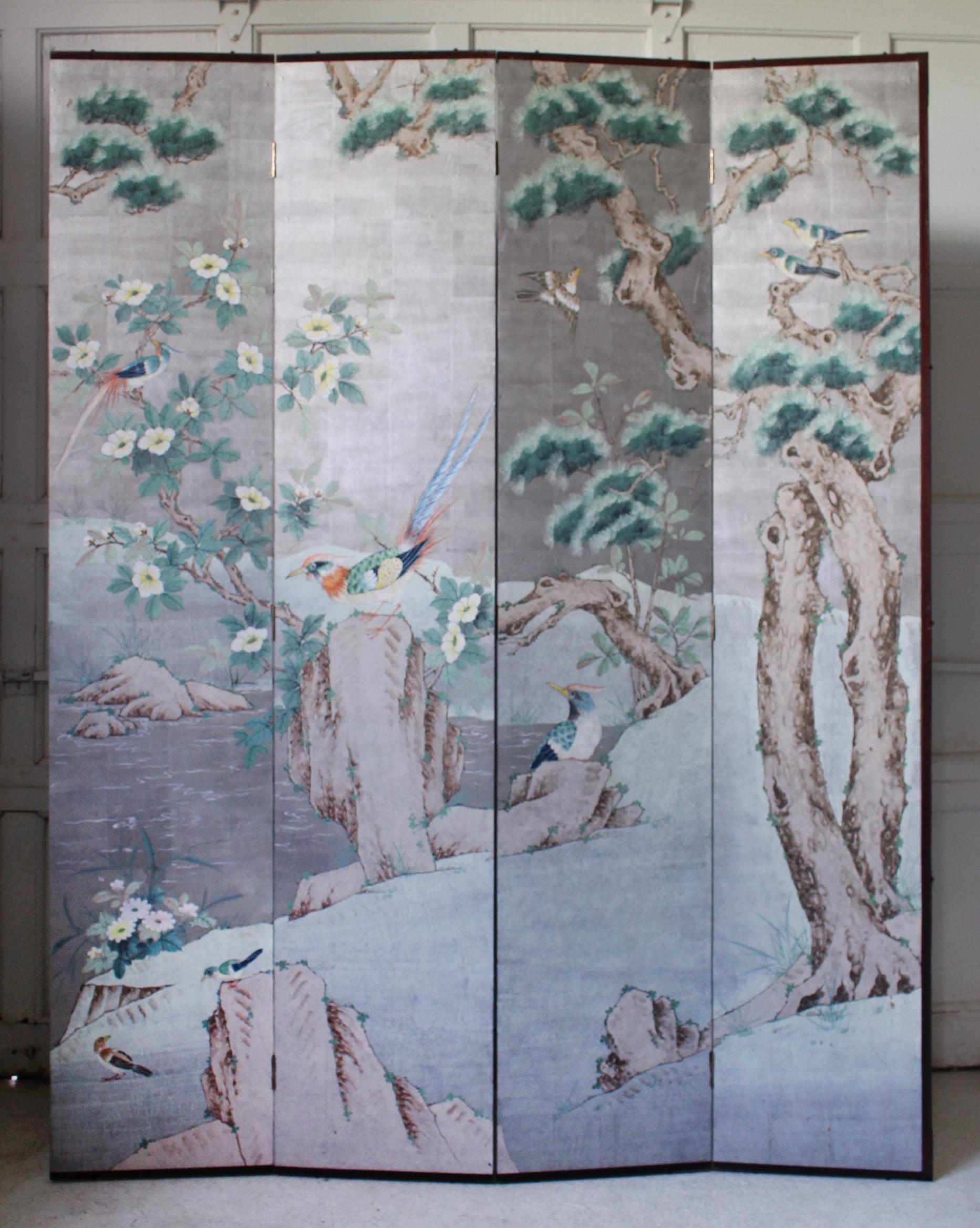 Vintage silver paper chinoiserie screen. 8 panels (4 panels each screen). Beautiful hand painted birds and cherry blossoms. Wooden frame with brass hinges.

Measurements open (one screen): 54.25