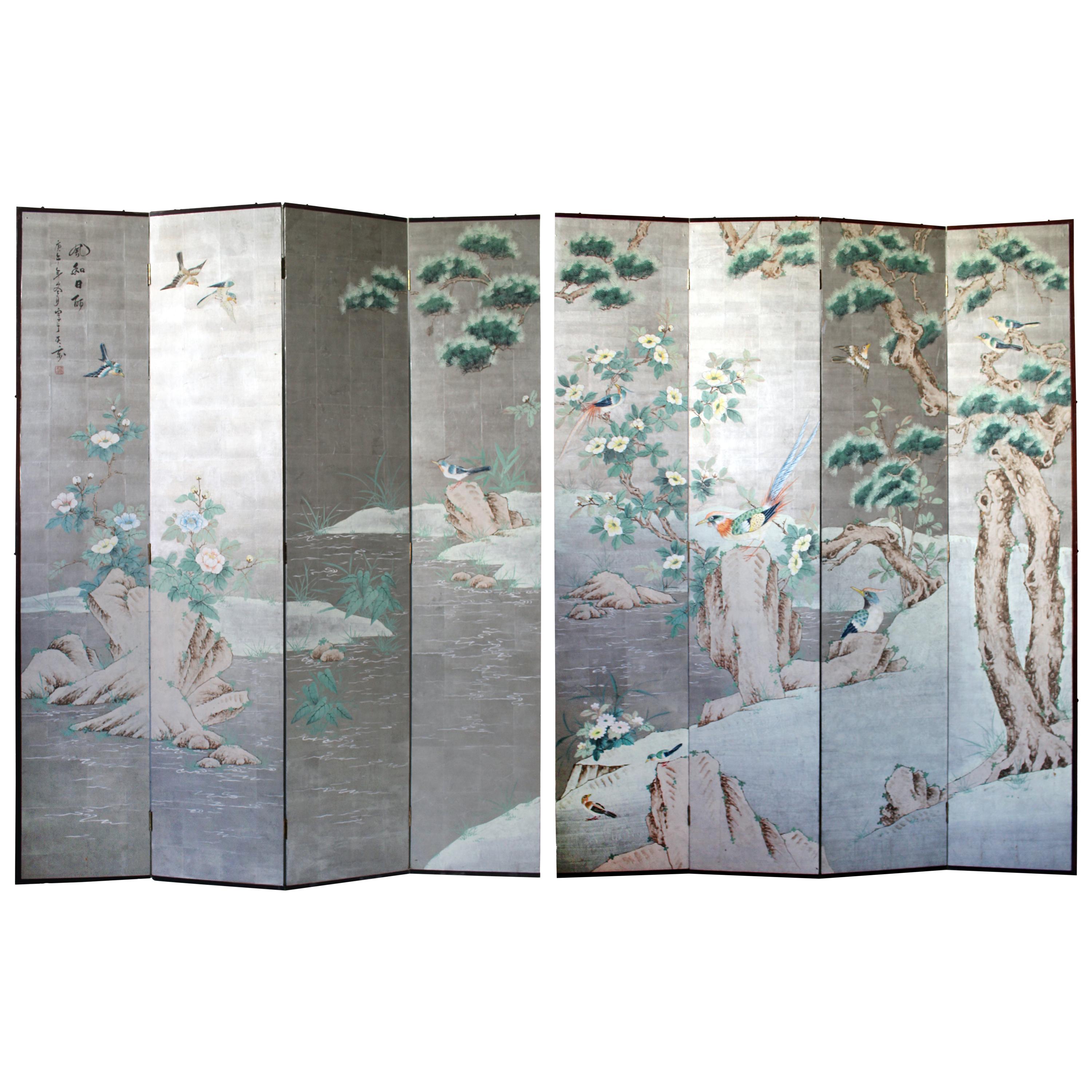 Pair of 8 Panel Hand Painted Chinoiserie Folding Screen