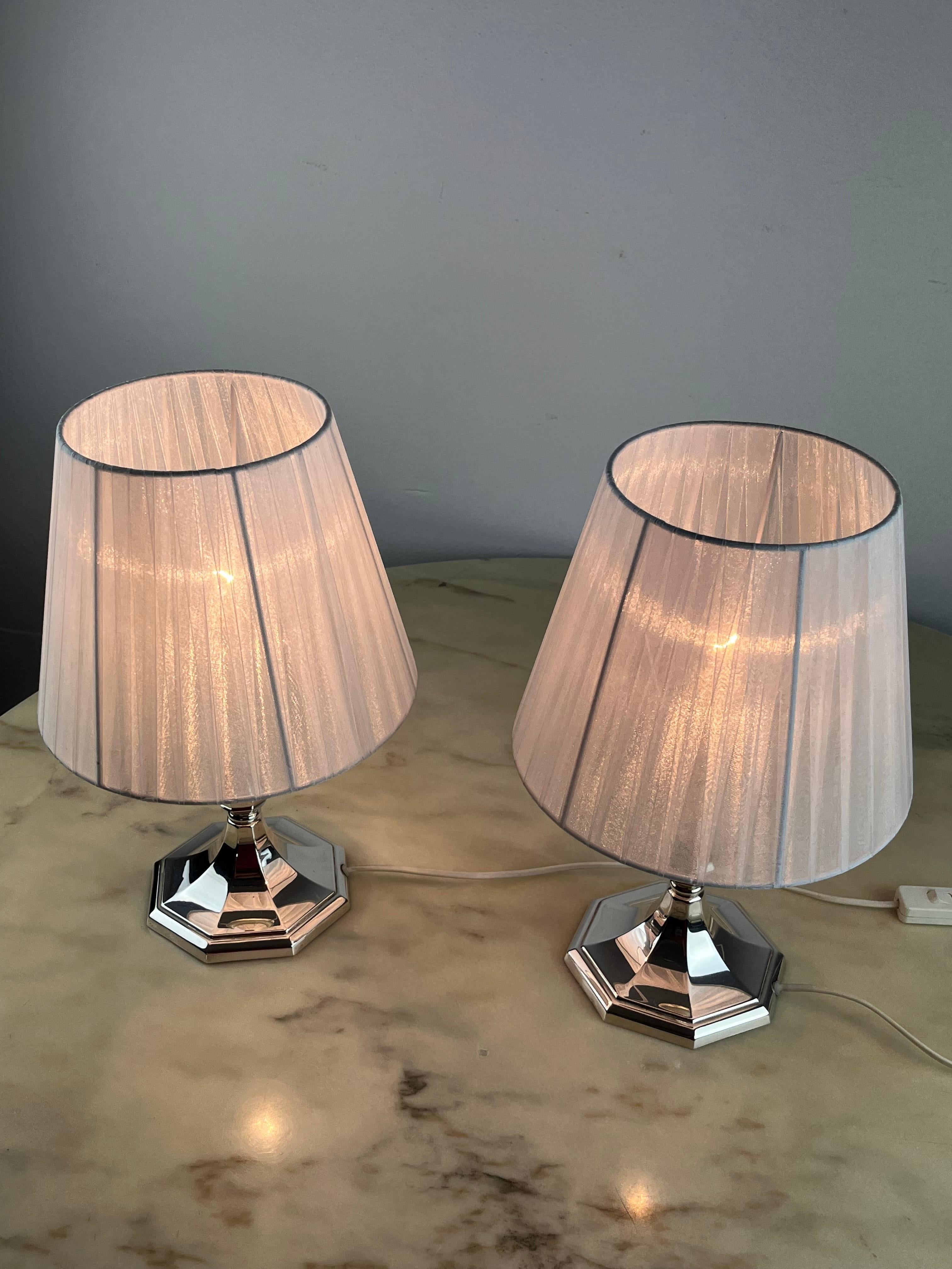 Pair of 800 silver bedside lamps, Vintage, Italy, 1980s. Found in a noble apartment, they are in excellent condition. Very small signs of the time. They are intact and functional. I replaced the lampshades because the old ones were worn out.