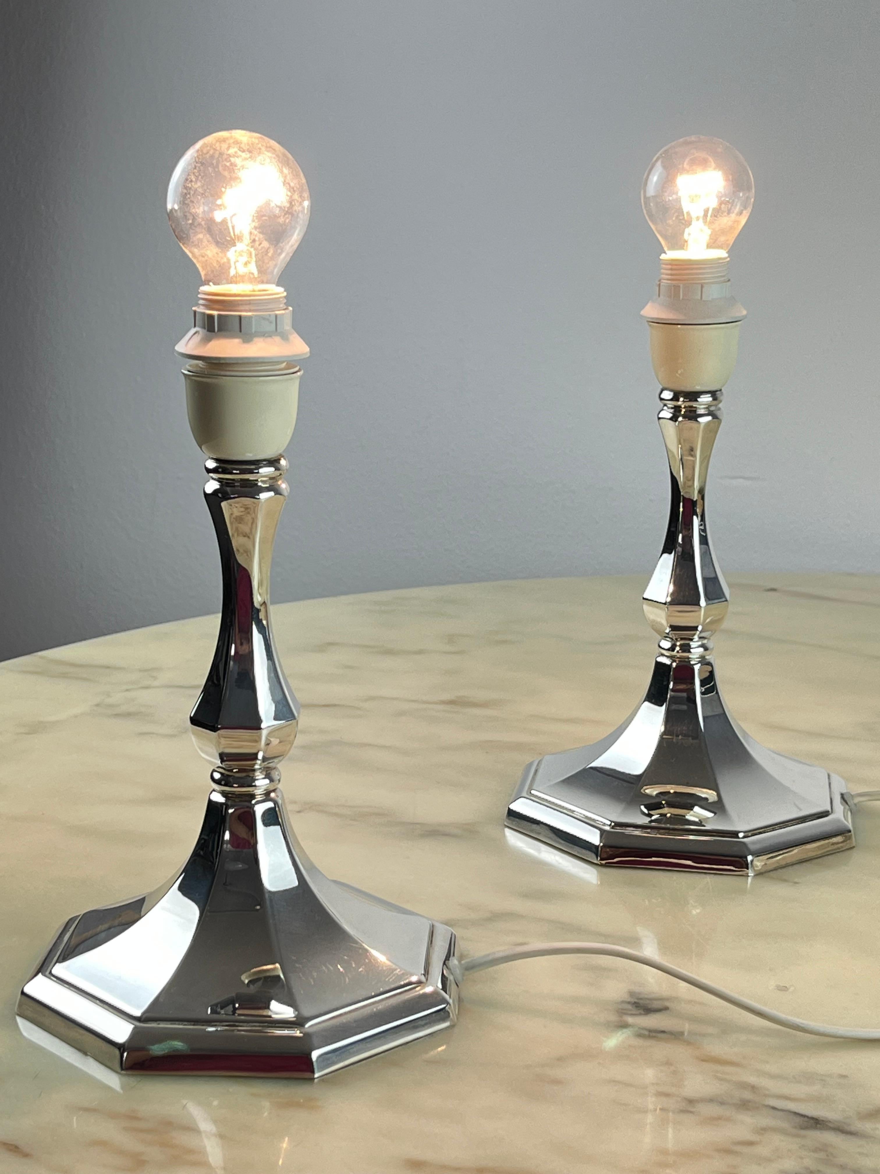 Pair of 800 Silver Bedside Lamps, Vintage, Italy, 1980s In Good Condition For Sale In Palermo, IT