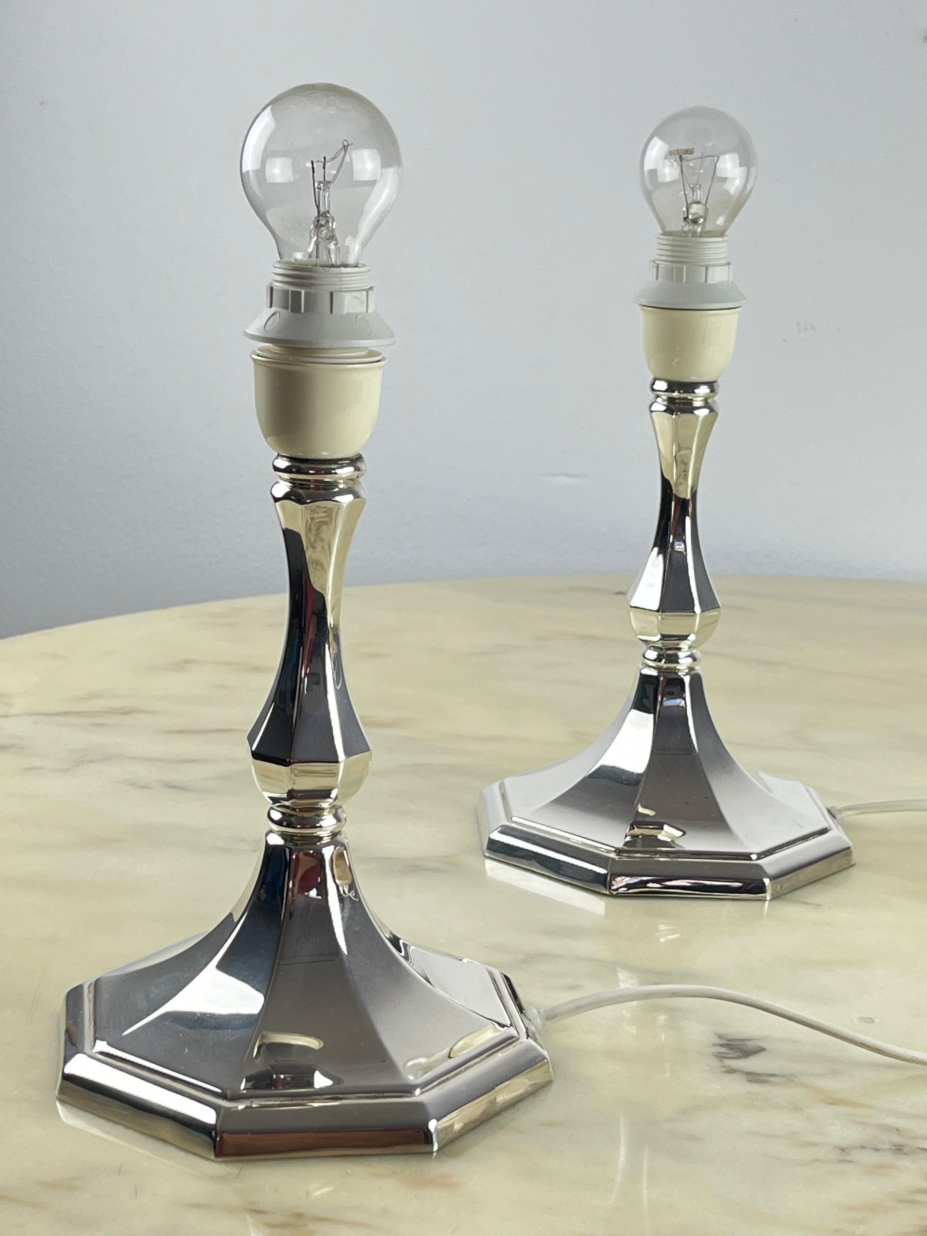 Late 20th Century Pair of 800 Silver Bedside Lamps, Vintage, Italy, 1980s For Sale