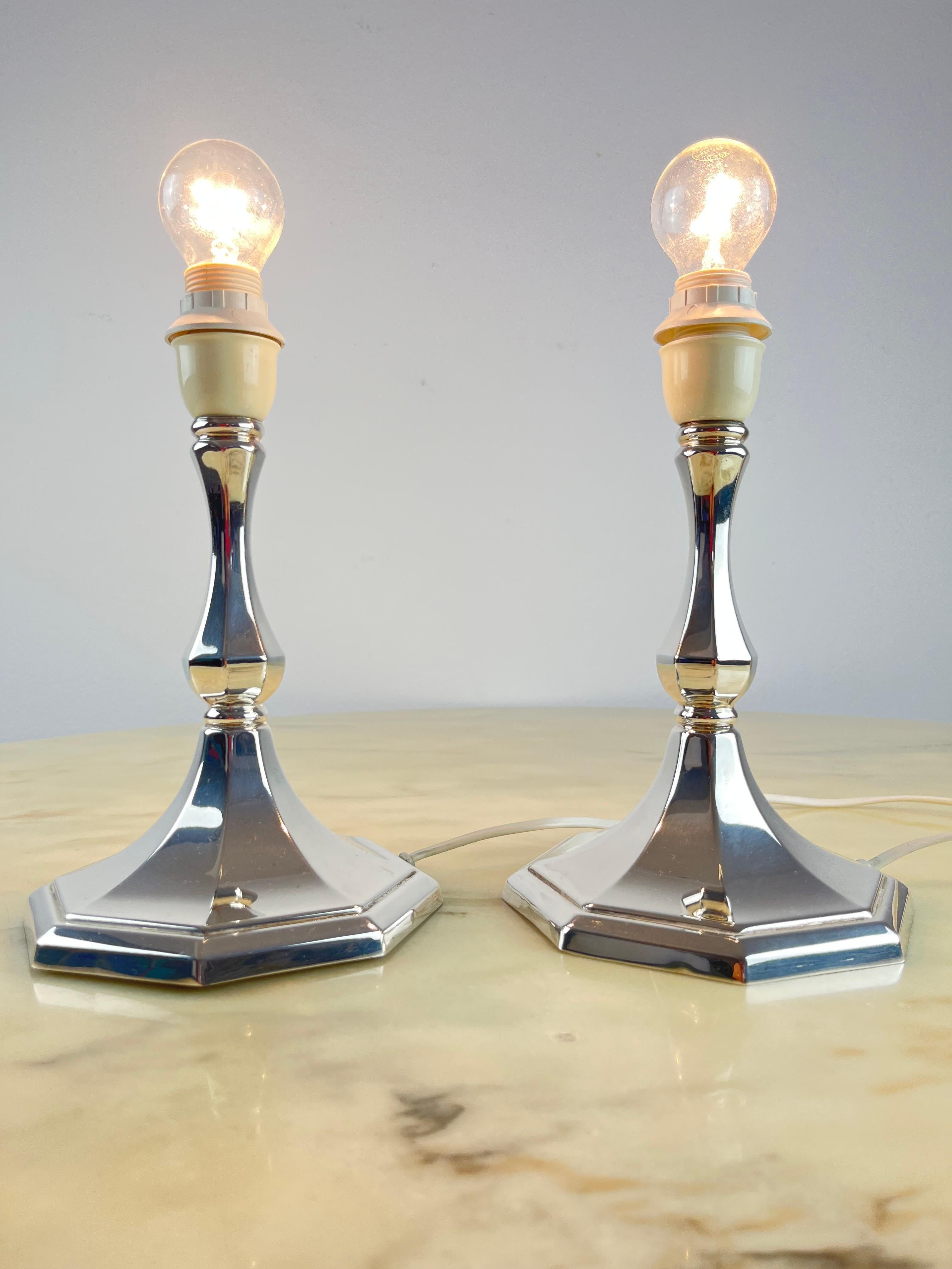 Pair of 800 Silver Bedside Lamps, Vintage, Italy, 1980s For Sale 1