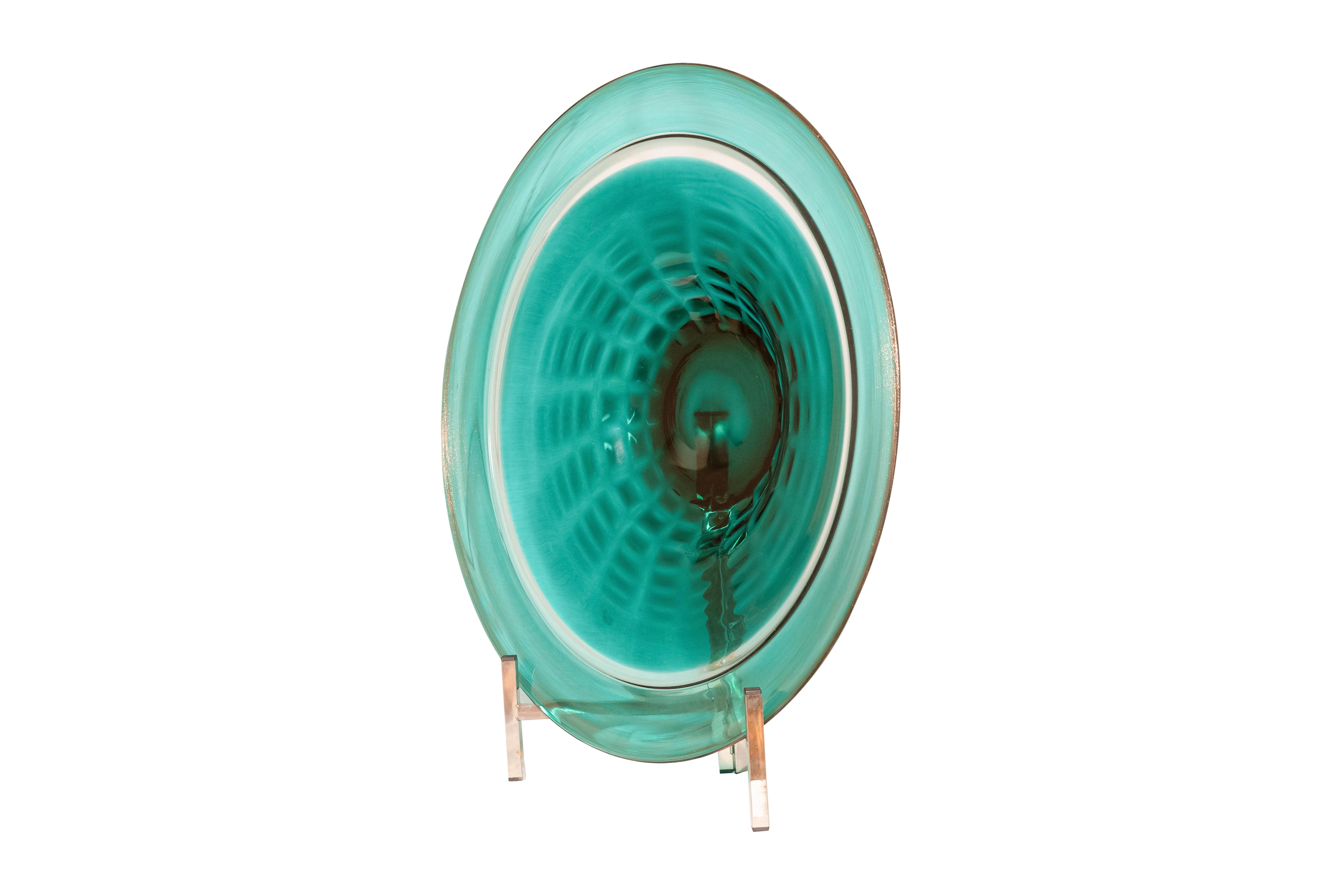 Italian Pair of 80s 90s Turquoise Blue and Gold Hand Blown Murano Glass Plates For Sale