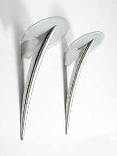 Pair of 80's Wall Lamps by Metalarte in Polished Cast Aluminum with Glas Shade