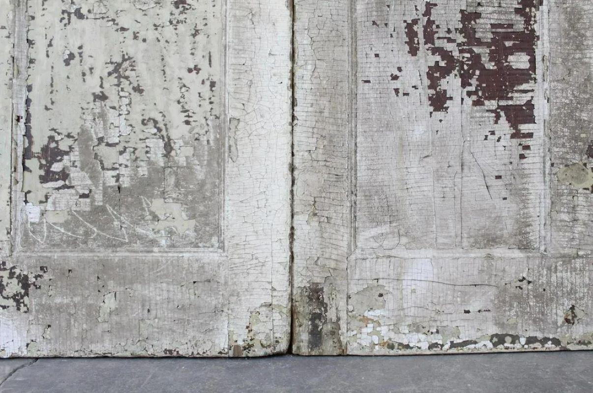 Pair of 9' Antique Distressed Painted White Pocket Doors For Sale 1