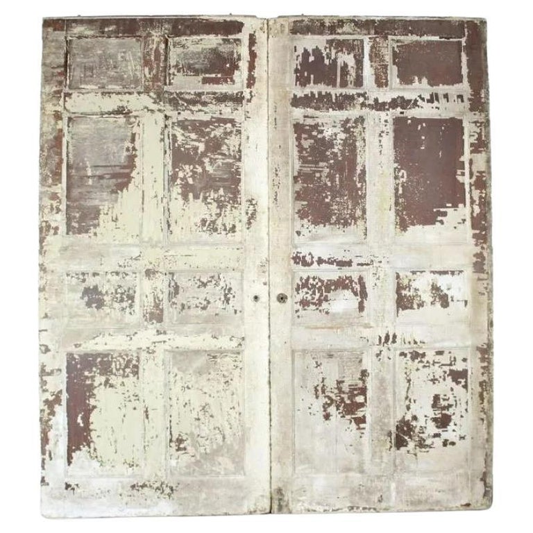 Pair of 9' Antique Distressed Painted White Pocket Doors For Sale at