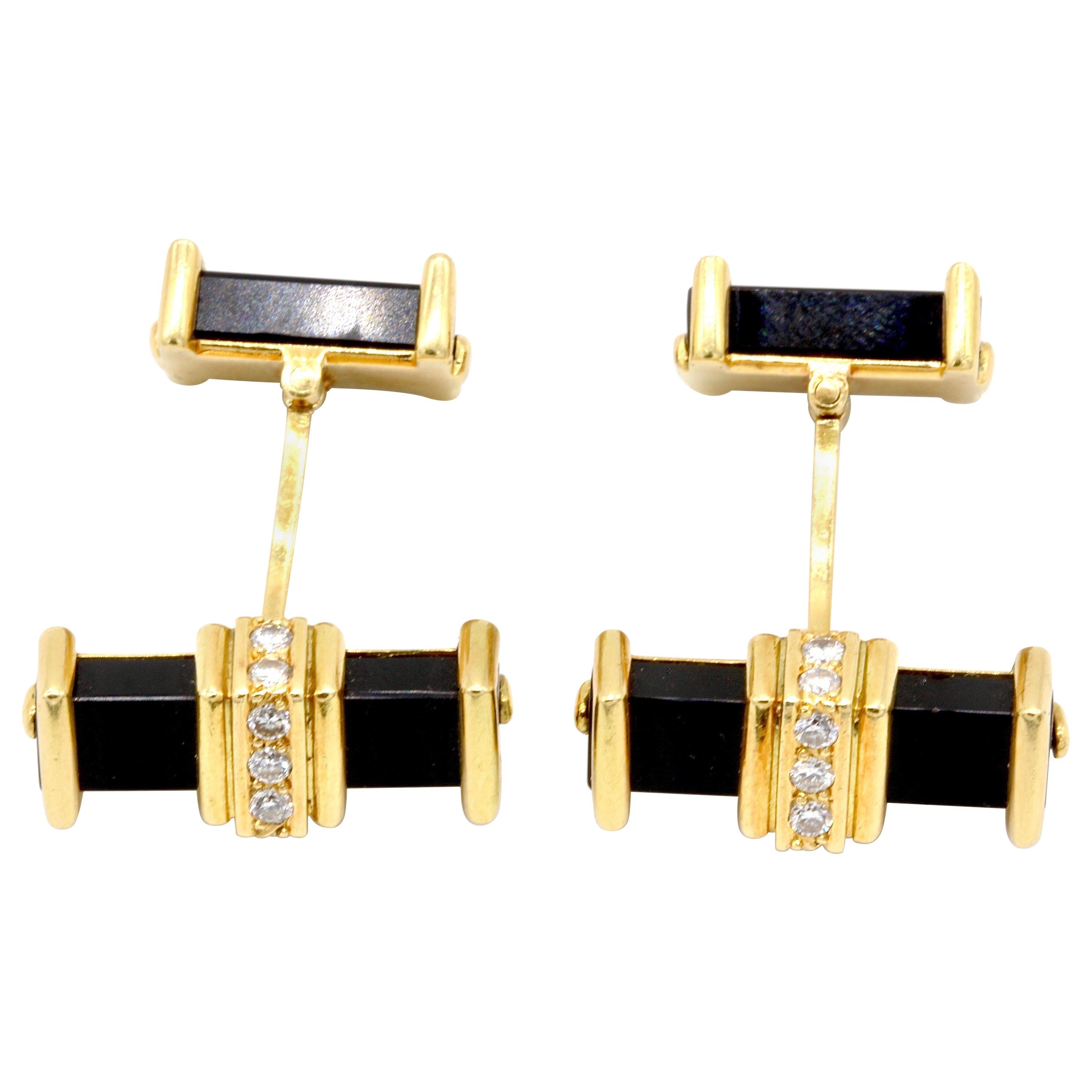 Pair of 9 Kt Yellow Gold, Diamond and Black Onyx bar Cufflinks For Sale