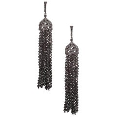 Pair of 92 Carat Black Diamond Bead 18 Karat Blackened Gold Tassel Earrings