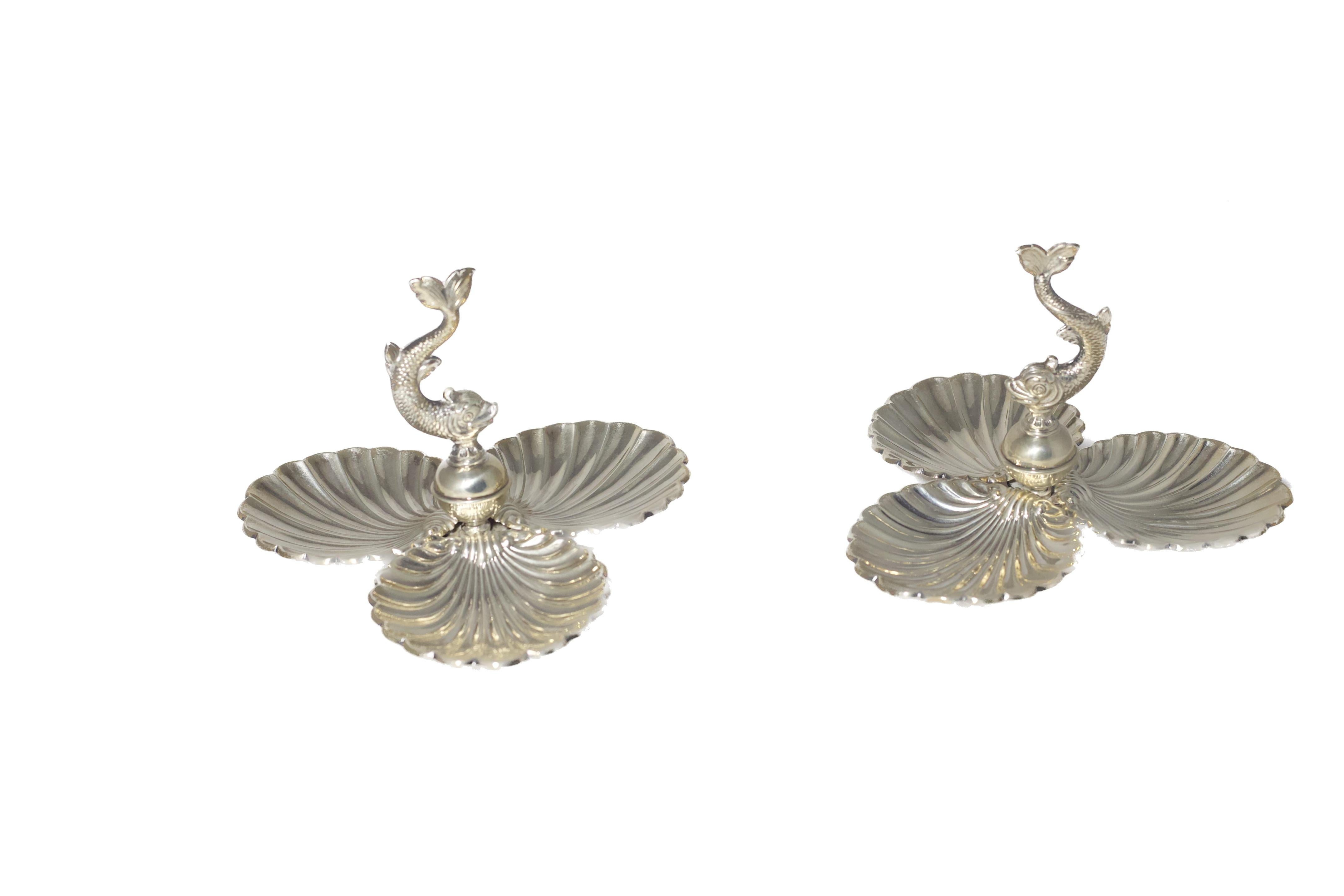 Paar 950er Silber-Dessertschalen von Carrera, Muschelform mit Fischgriff im Zustand „Gut“ im Angebot in Miami, US