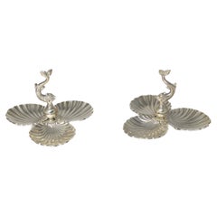 Pair of 950 Silver Dessert Dishes by Carrera, Seashell Shaped with Fish Handle