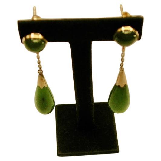 Pair Of 9ct Gold And Nephrite Drop Earrings Dated Circa 1920 Hong Kong For Sale
