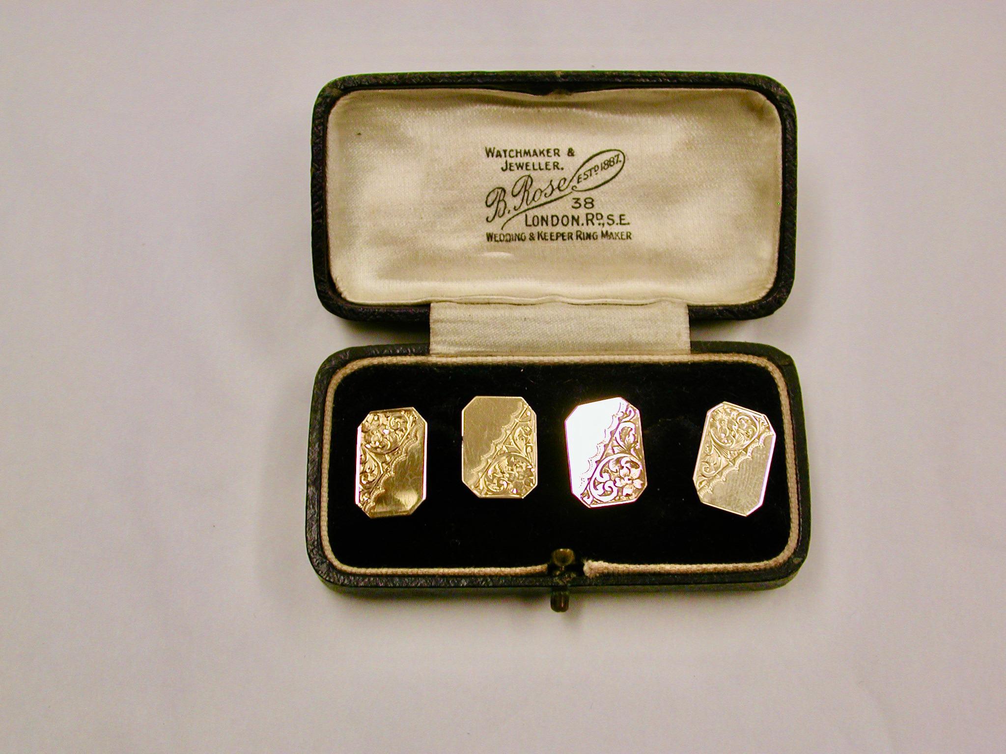 Pair Of 9ct Yellow Gold Cufflinks,Dated 1940,Birmingham
Made by prolific gold jewellery makers Smith & Pepper of Vyse Street,Birmingham.
Lovely hand engraving on each link and in original box.