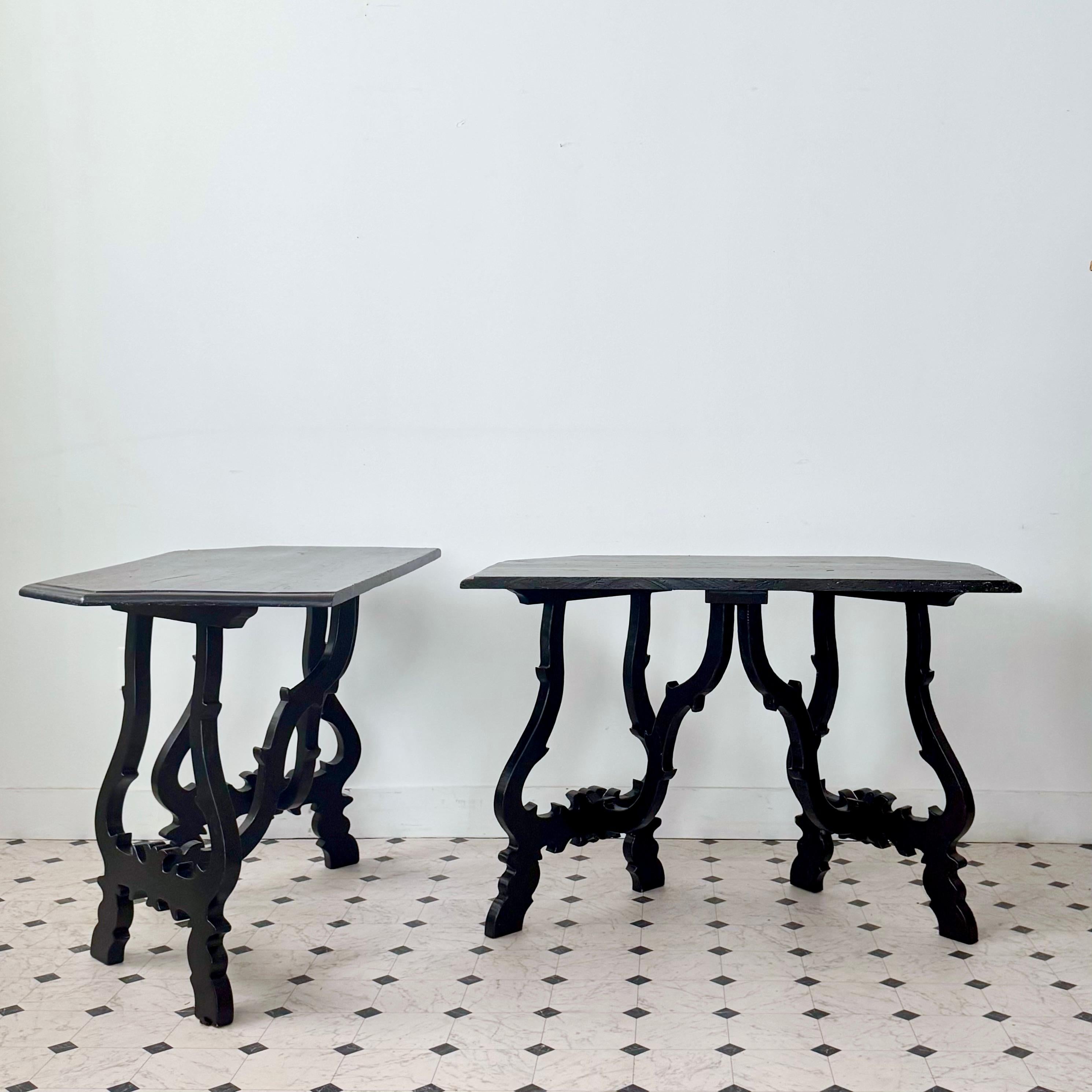 Hand-Carved Pair of 9th Century Demi+Lune Console Tables From Toscana, Italy For Sale