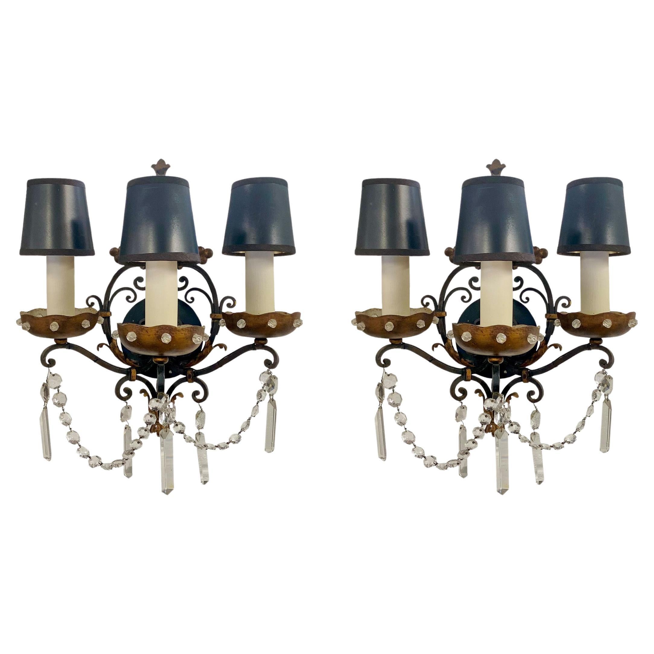 Maison Jansen Style Wrought Iron and Bronze Wall Sconce, 3 Arms , a Pair 