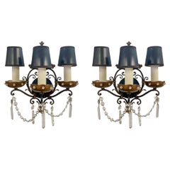 Maison Jansen Style Wrought Iron and Bronze Wall Sconce, 3 Arms , a Pair